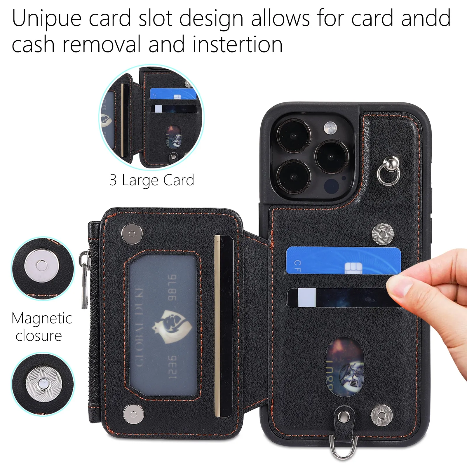 009 Kickstand Phone Case for iPhone 15 Pro , Zipper Wallet RFID Blocking PU TPU Cover with Strap