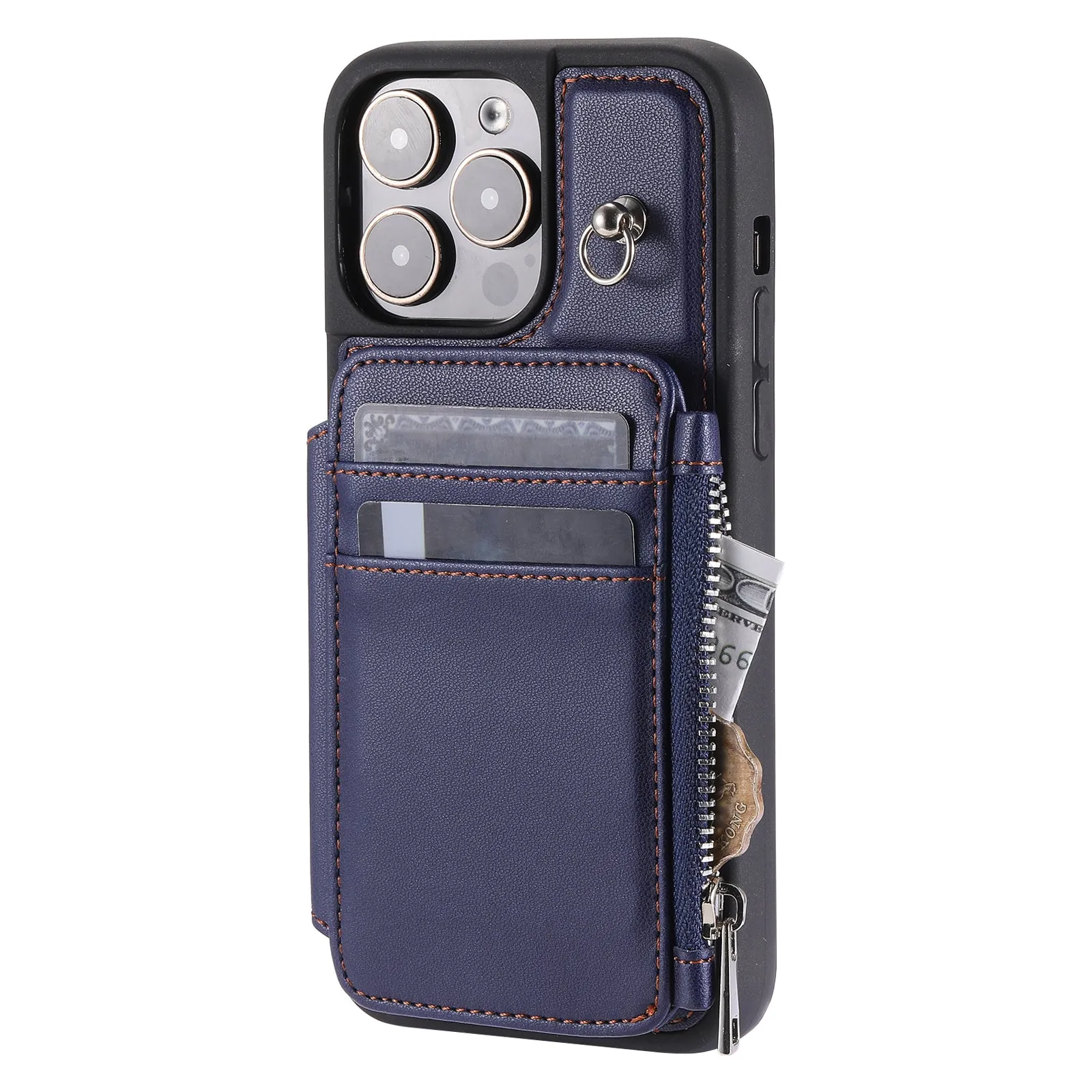 009 Kickstand Phone Case for iPhone 15 Pro , Zipper Wallet RFID Blocking PU TPU Cover with Strap