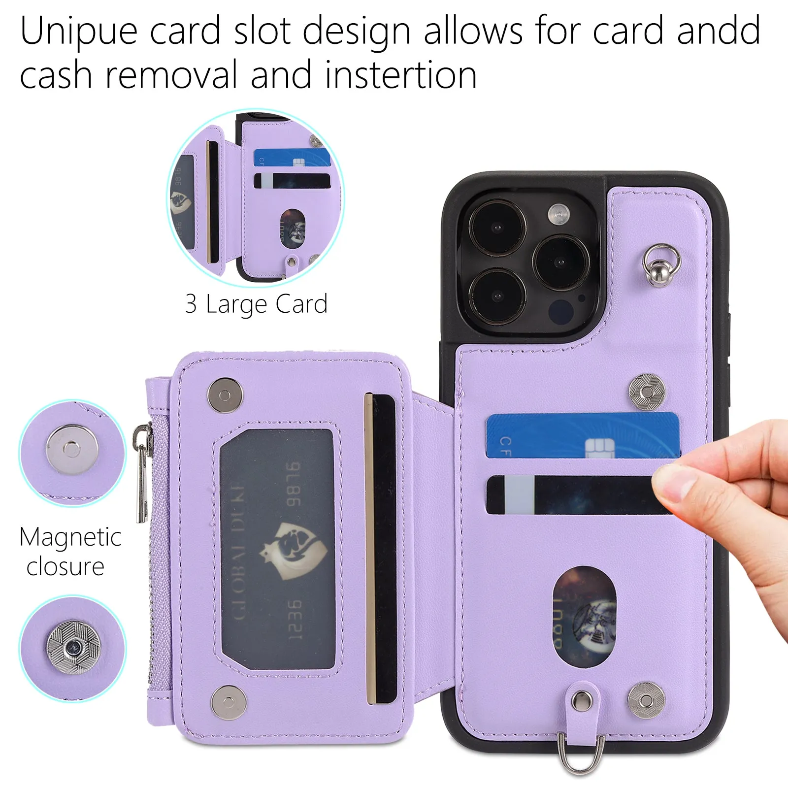 009 Kickstand Phone Case for iPhone 15 Pro , Zipper Wallet RFID Blocking PU TPU Cover with Strap