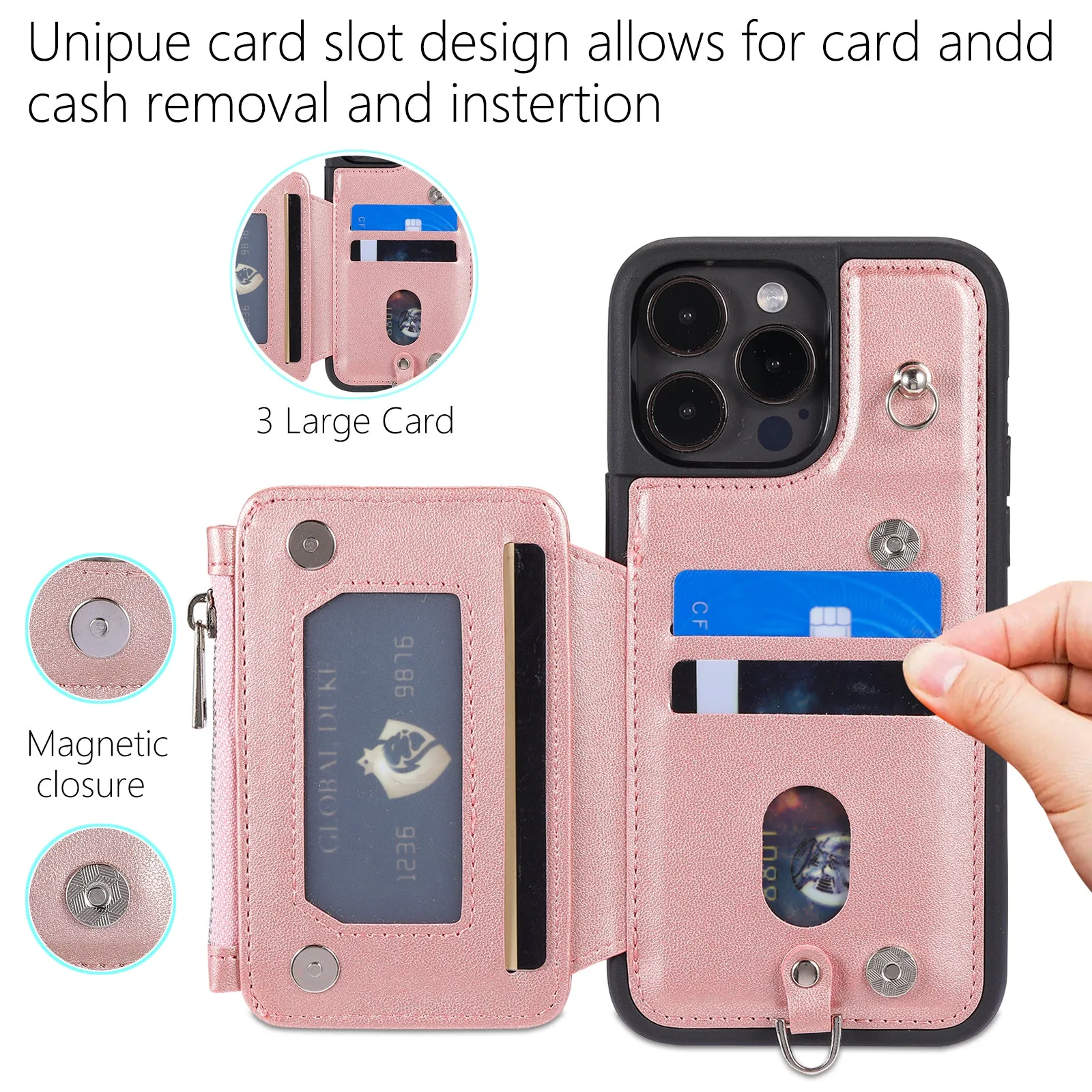 009 Kickstand Phone Case for iPhone 15 Pro , Zipper Wallet RFID Blocking PU TPU Cover with Strap