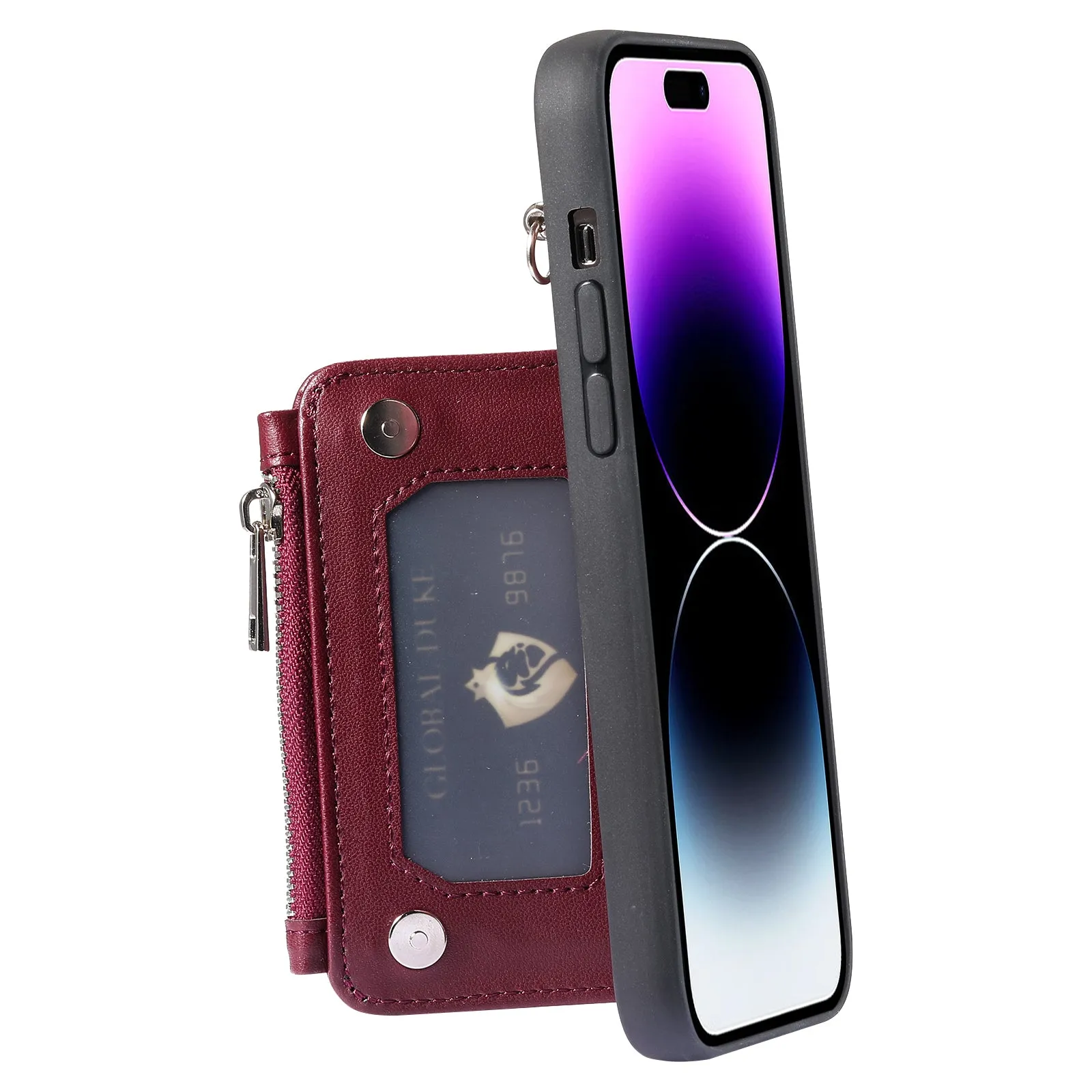 009 Kickstand Phone Case for iPhone 15 Pro , Zipper Wallet RFID Blocking PU TPU Cover with Strap