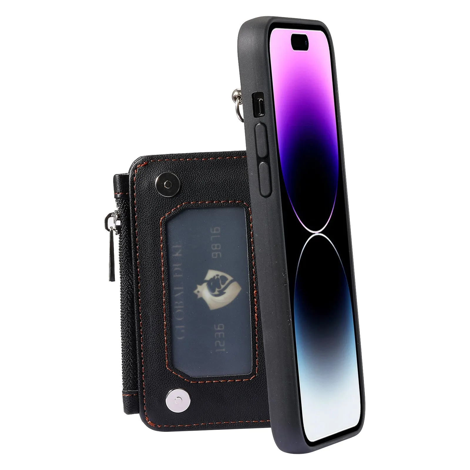 009 Kickstand Phone Case for iPhone 15 Pro , Zipper Wallet RFID Blocking PU TPU Cover with Strap