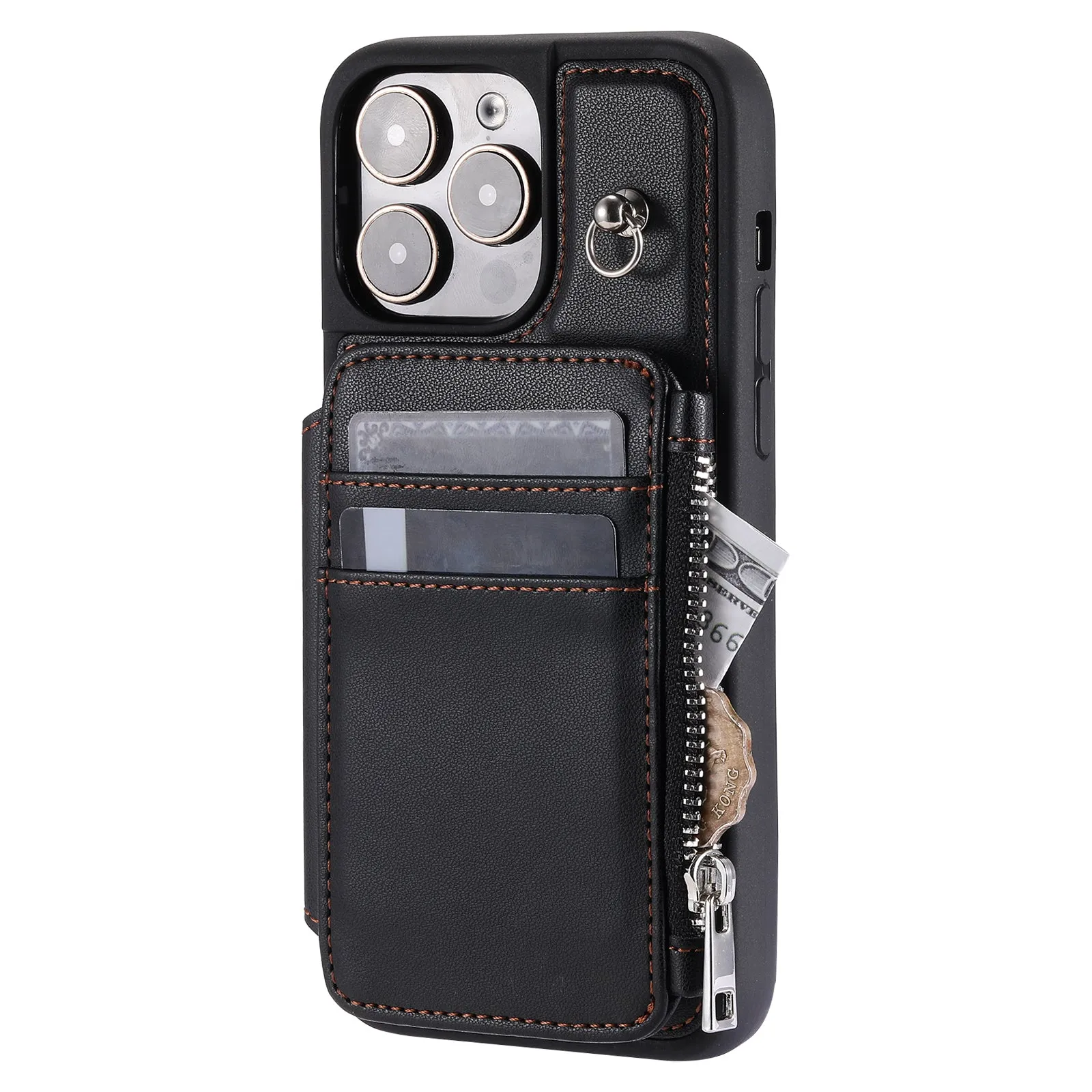 009 Kickstand Phone Case for iPhone 15 Pro , Zipper Wallet RFID Blocking PU TPU Cover with Strap