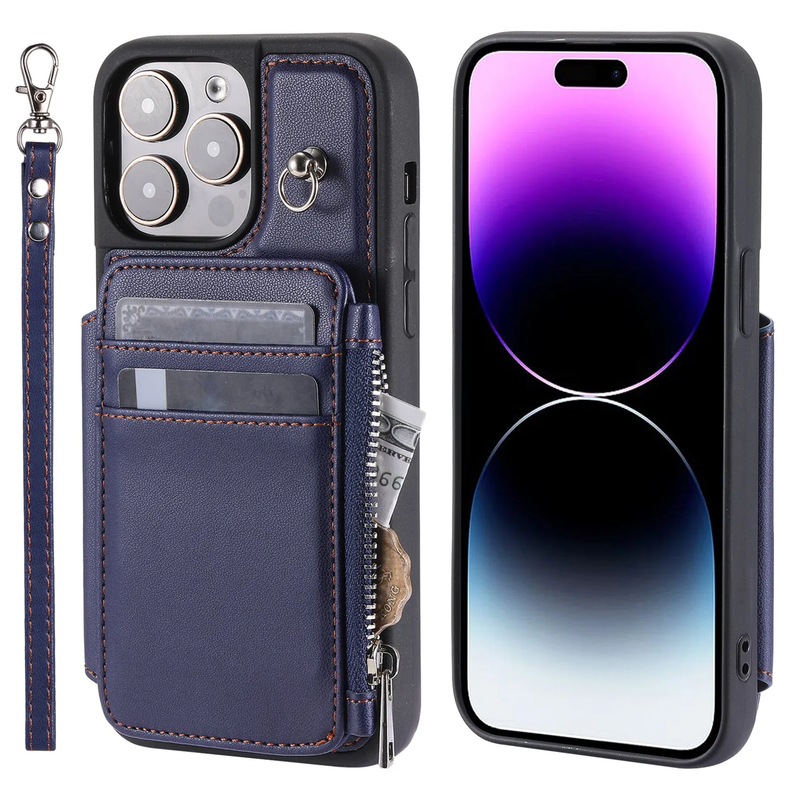 009 Kickstand Phone Case for iPhone 15 Pro , Zipper Wallet RFID Blocking PU TPU Cover with Strap