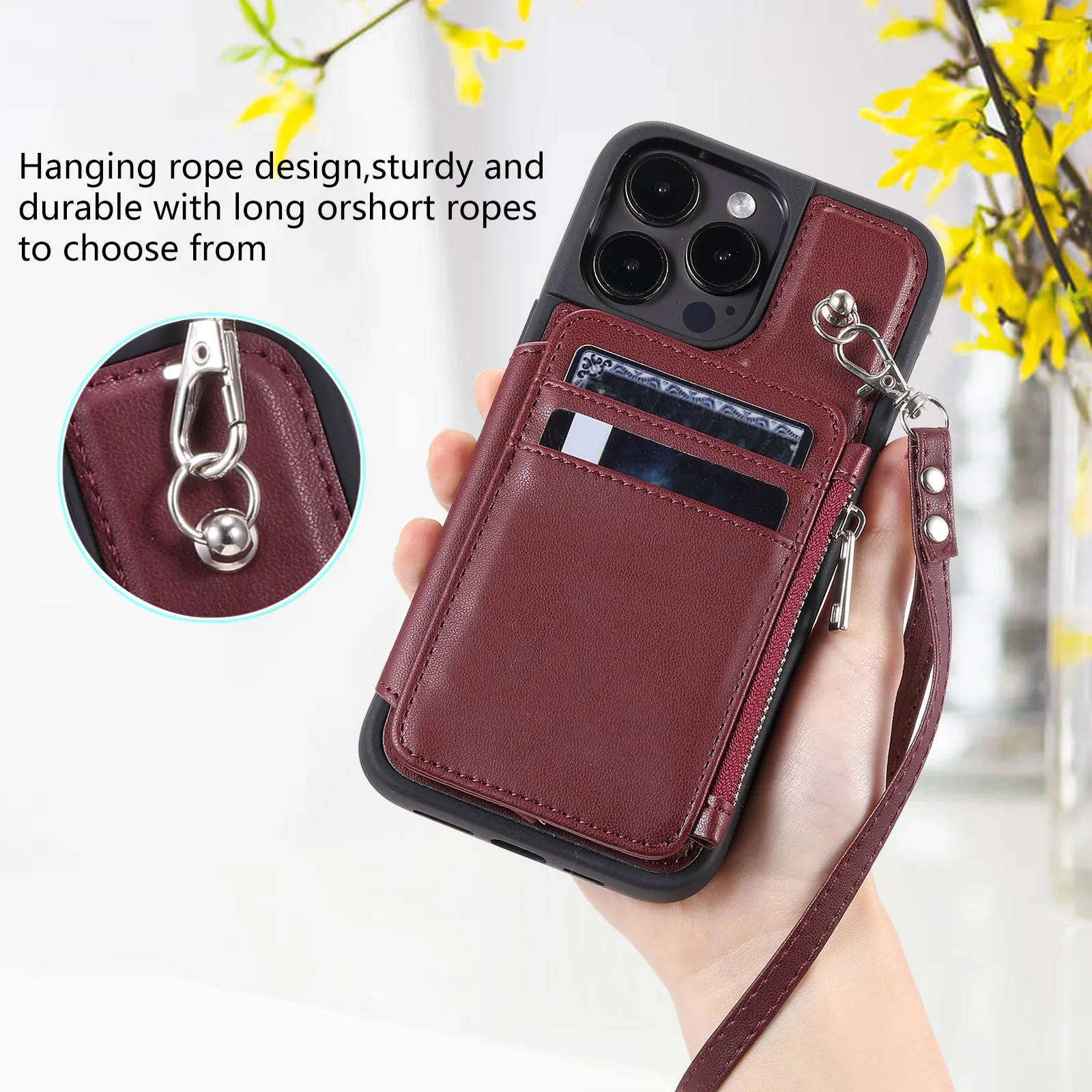 009 Kickstand Phone Case for iPhone 15 Pro , Zipper Wallet RFID Blocking PU TPU Cover with Strap