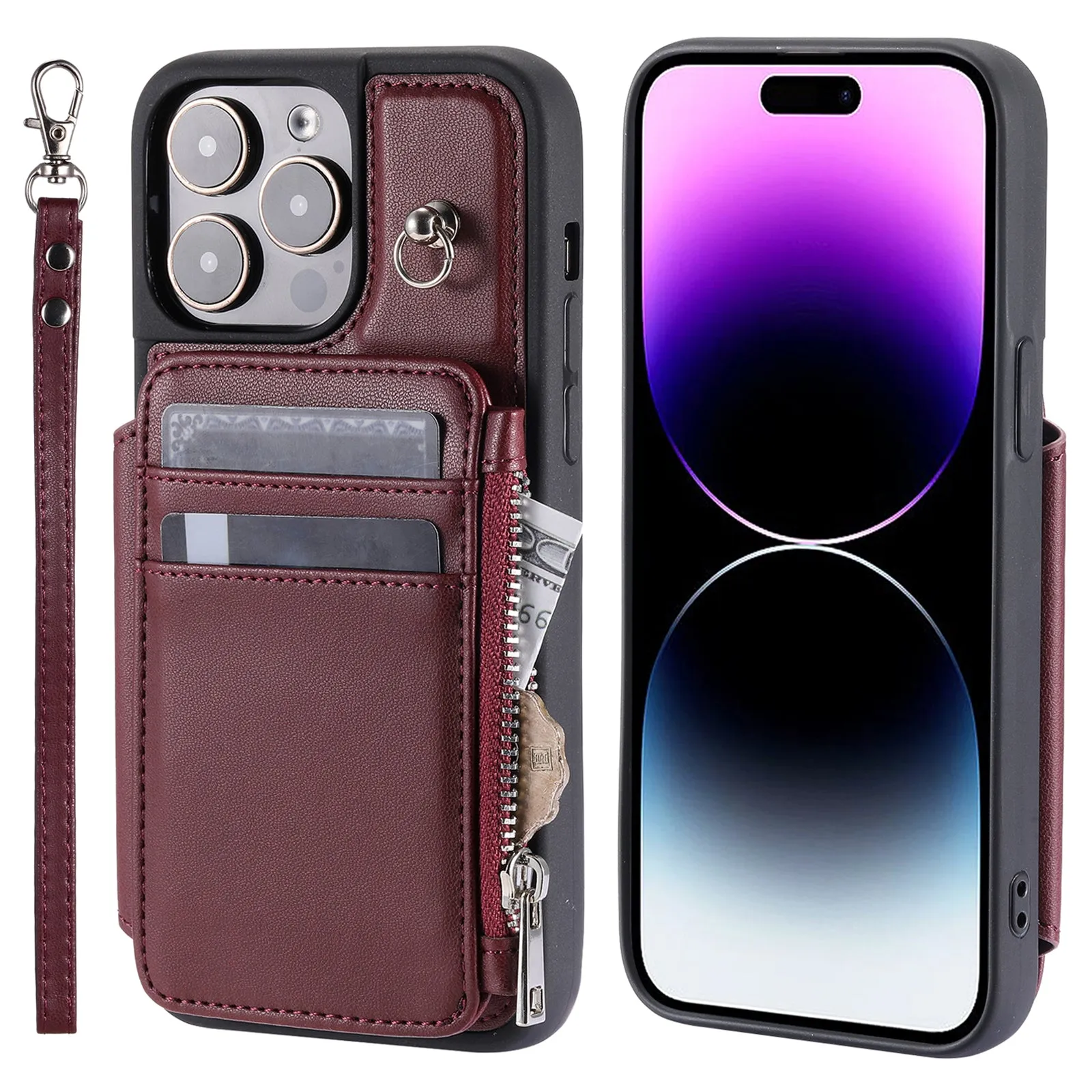 009 Kickstand Phone Case for iPhone 15 Pro , Zipper Wallet RFID Blocking PU TPU Cover with Strap