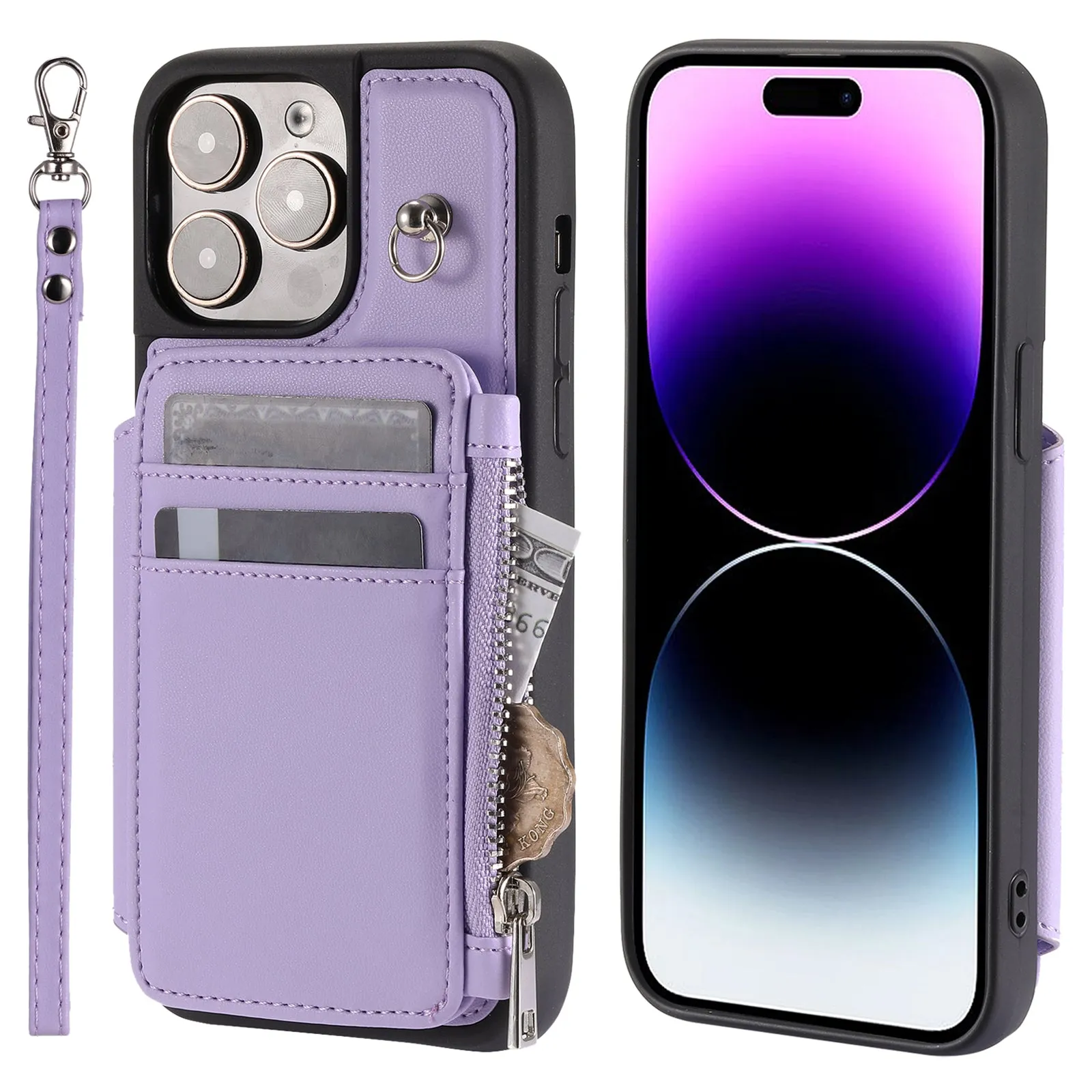 009 Kickstand Phone Case for iPhone 15 Pro , Zipper Wallet RFID Blocking PU TPU Cover with Strap