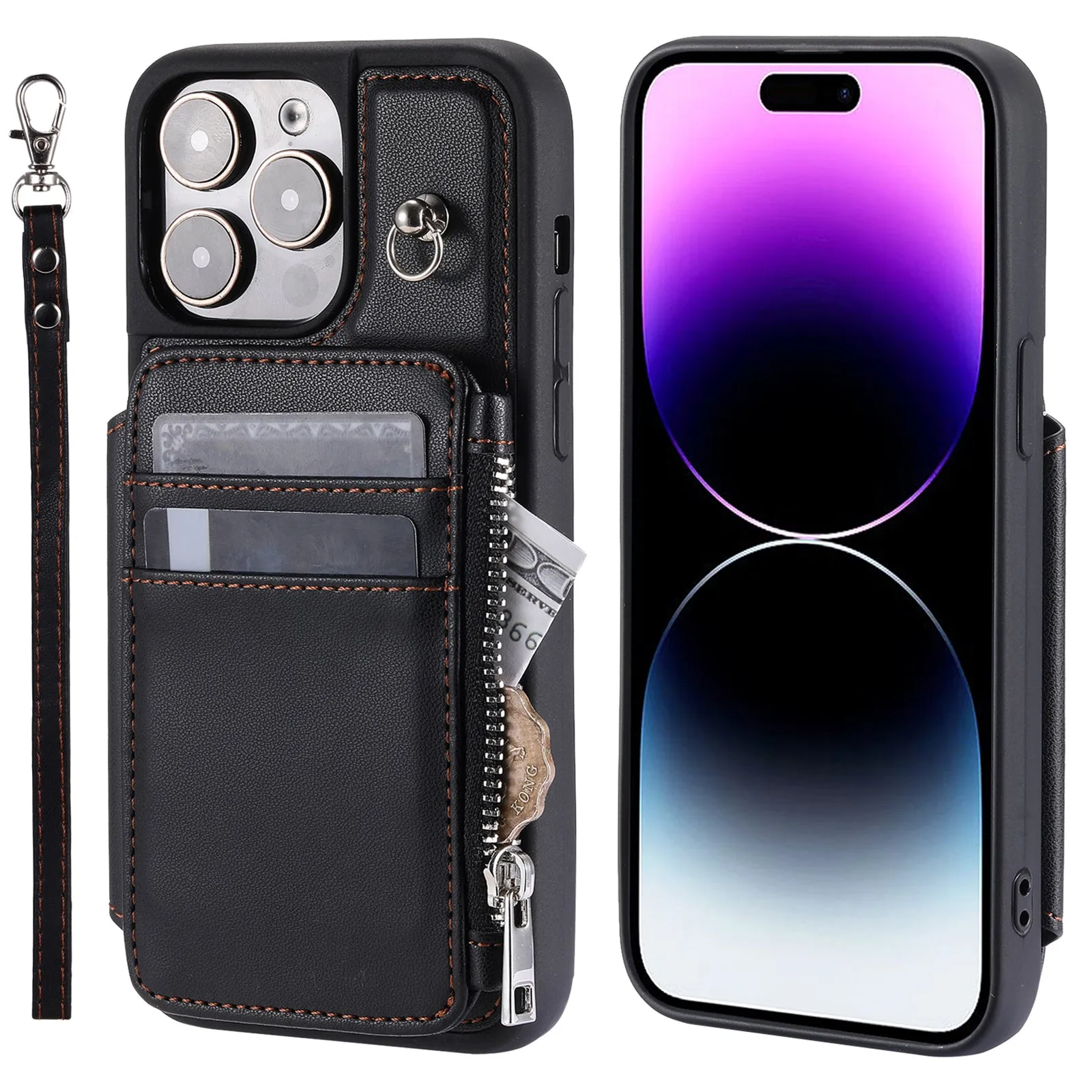 009 Kickstand Phone Case for iPhone 15 Pro , Zipper Wallet RFID Blocking PU TPU Cover with Strap