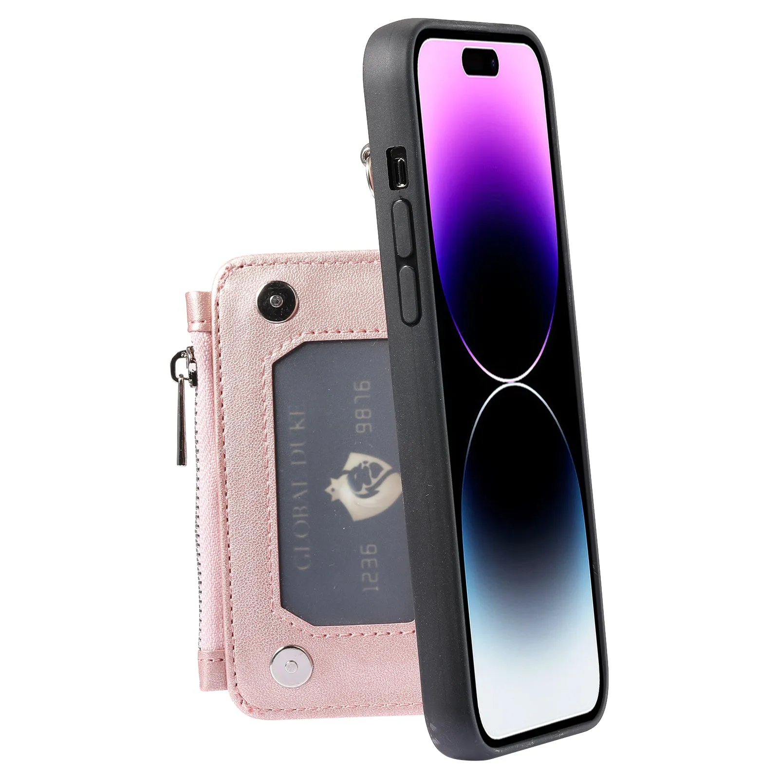 009 Kickstand Phone Case for iPhone 15 Pro , Zipper Wallet RFID Blocking PU TPU Cover with Strap