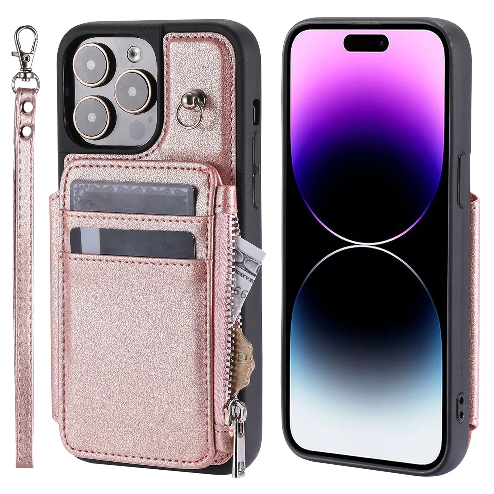 009 Kickstand Phone Case for iPhone 15 Pro , Zipper Wallet RFID Blocking PU TPU Cover with Strap