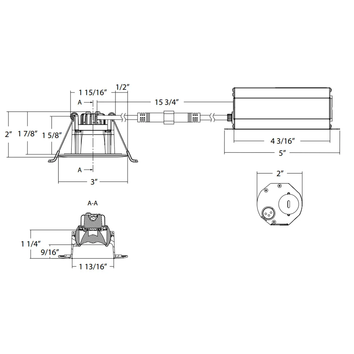 2" Gimbal Canless LED Downlight, 400lm, Selectable 2700K to 5000K,  38° Spot, Deep Regress Trim