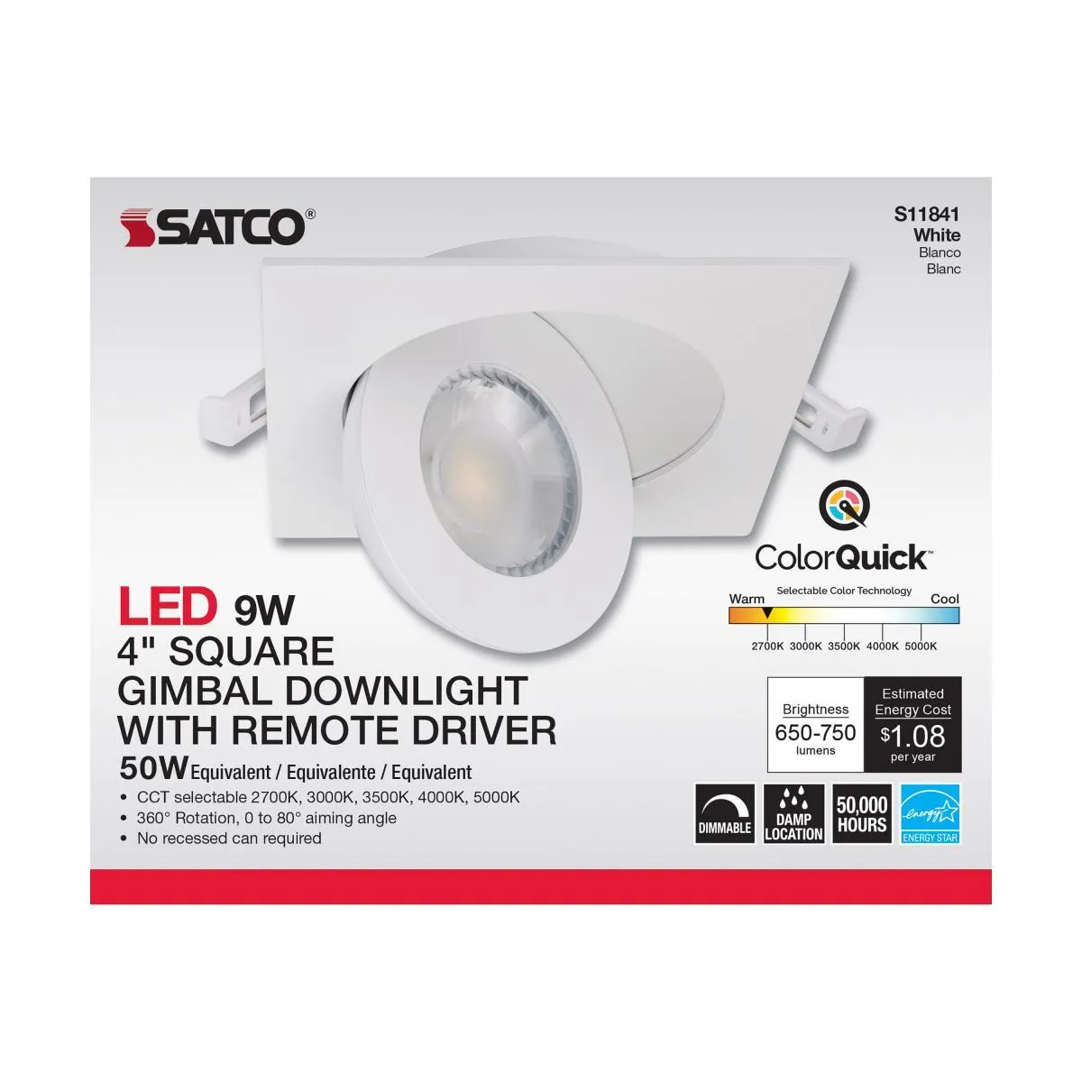 4 Inch Square Gimbal Downlight with Remote Driver, 750 Lumens, 27K|30K|35K|40K|50K