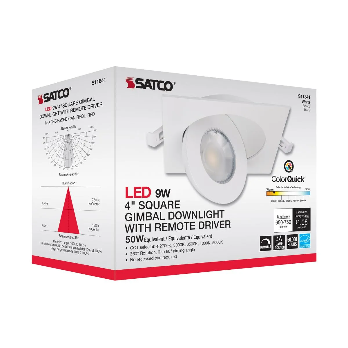 4 Inch Square Gimbal Downlight with Remote Driver, 750 Lumens, 27K|30K|35K|40K|50K