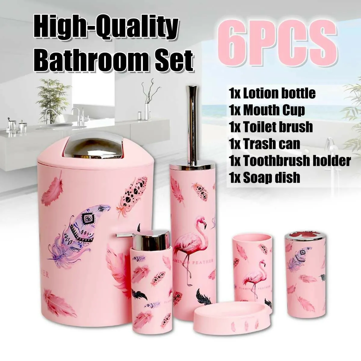 6 Pcs Printed Bathroom Accessory Set