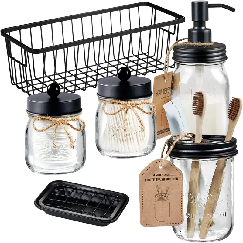 6Pcs  Bathroom Set - Toothbrush Holder, Lotion Soap Dispenser, 2 Small Mason Jars, Soap Dish, Toilet Paper Holder