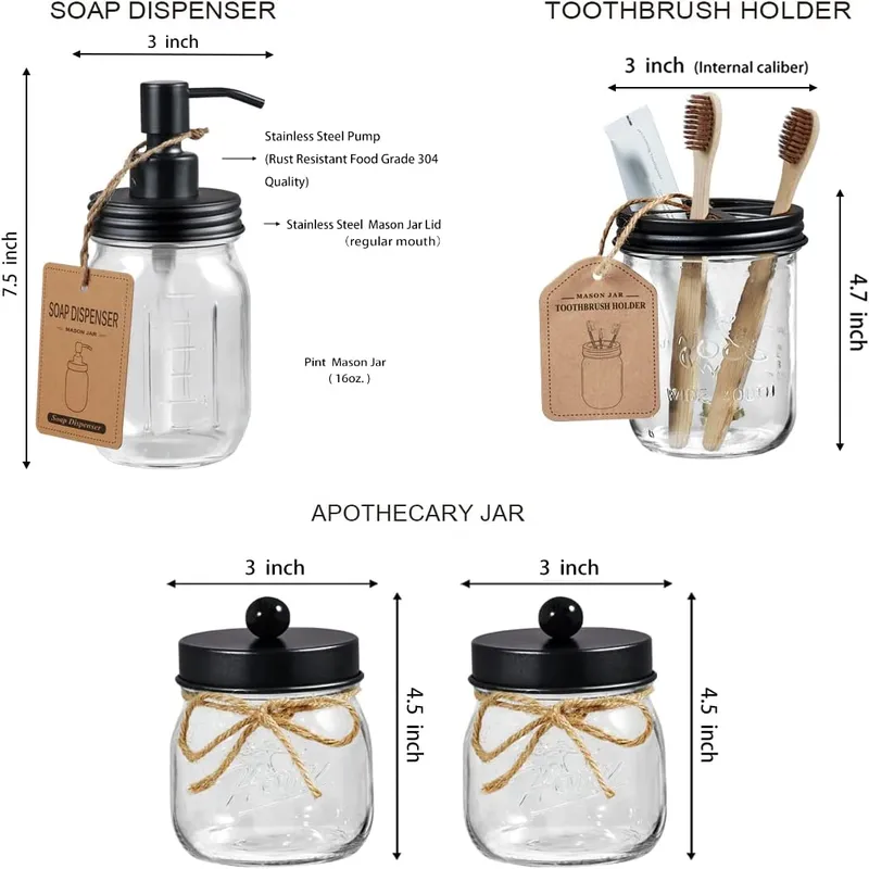 6Pcs  Bathroom Set - Toothbrush Holder, Lotion Soap Dispenser, 2 Small Mason Jars, Soap Dish, Toilet Paper Holder