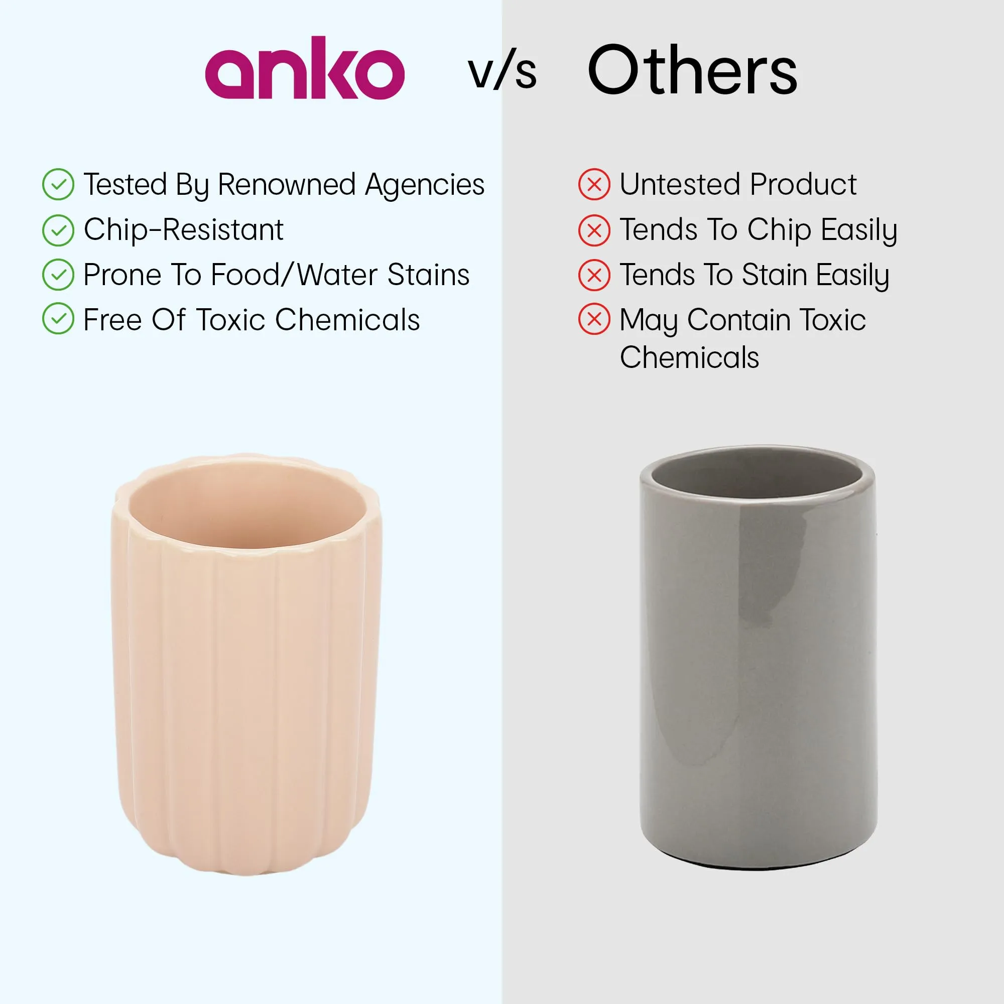 Anko Ceramic Toothbrush Holder for Bathroom | Toothpaste, Makeup Brush Holder for Bathroom | Bathroom Accessories for Wash Basin | Home, Office, Bathroom Organiser | Pink, Ribbed | Set of 2