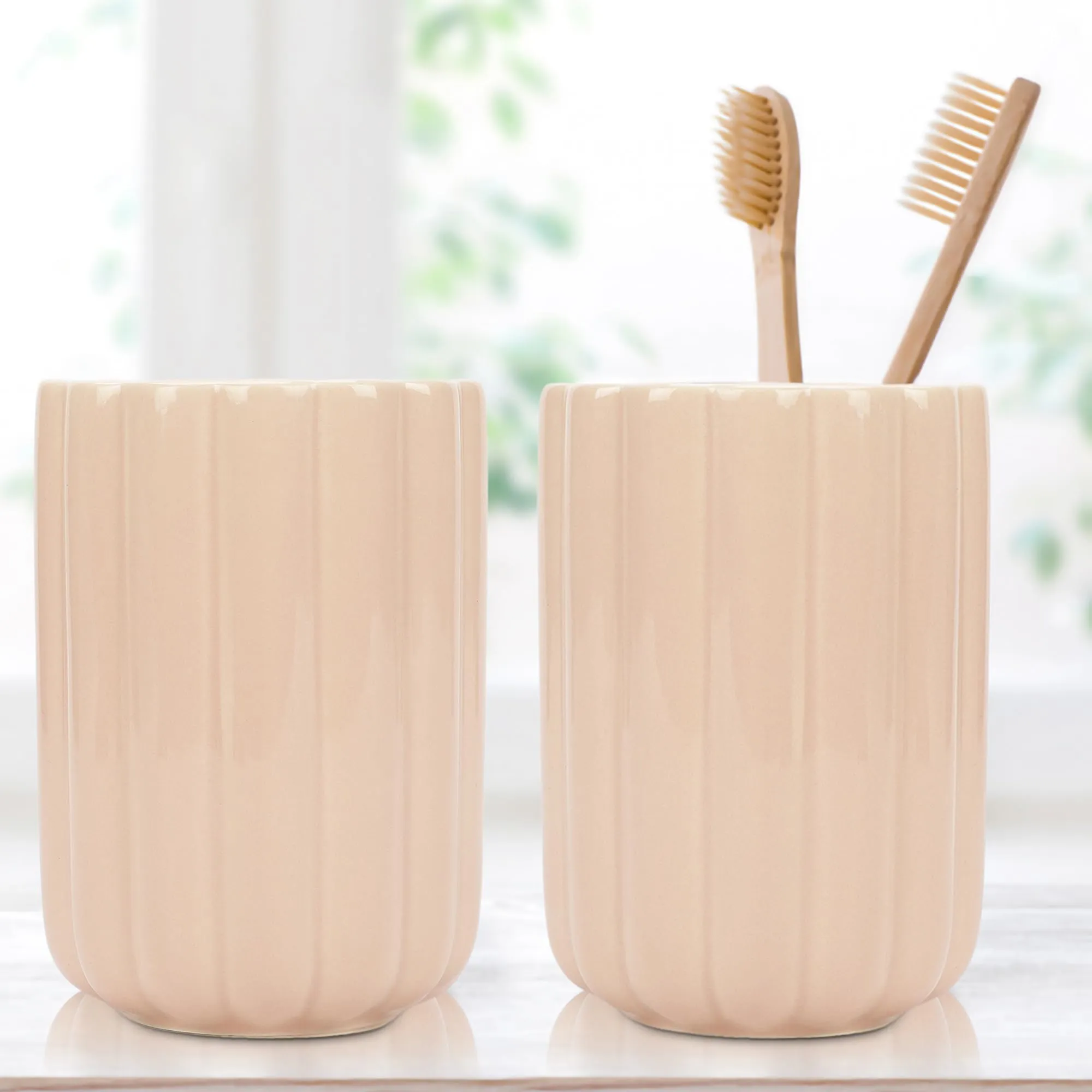 Anko Ceramic Toothbrush Holder for Bathroom | Toothpaste, Makeup Brush Holder for Bathroom | Bathroom Accessories for Wash Basin | Home, Office, Bathroom Organiser | Pink, Ribbed | Set of 2