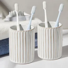 Anko Ceramic Toothbrush Holder for Bathroom | Toothpaste, Makeup Brush Holder for Bathroom | Bathroom Accessories for Wash Basin | Home, Office, Bathroom Organiser | White, Lined | Set of 2