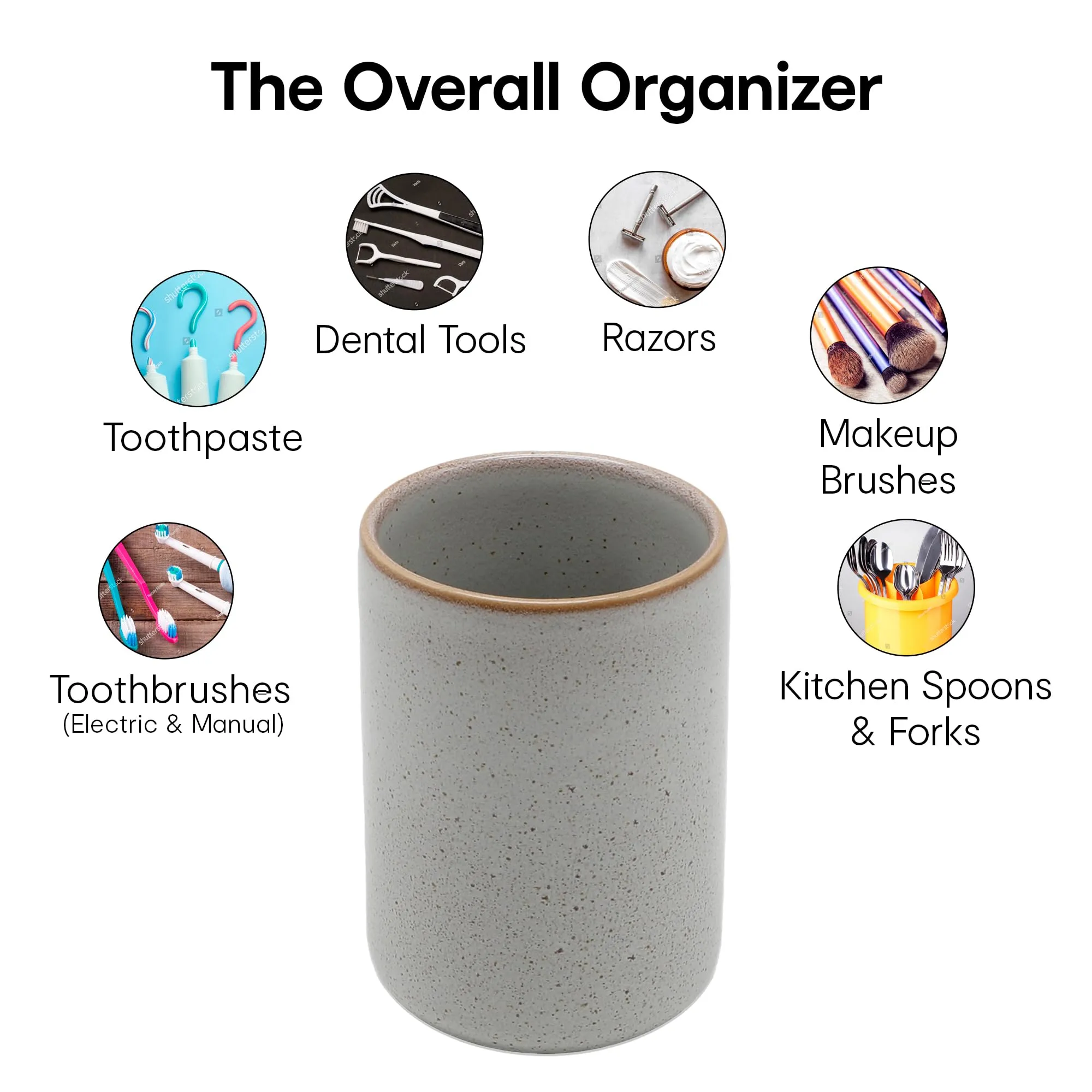 Anko Ceramic Toothbrush Holder for Bathroom | Toothpaste, Makeup Brush Holder for Bathroom | Bathroom Accessories for Wash Basin | Home, Office, Bathroom Organiser | White, Speckled | Set of 2