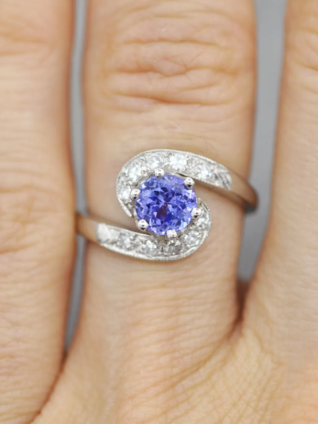 Antique Platinum Tanzanite   Diamond Swirl Ring