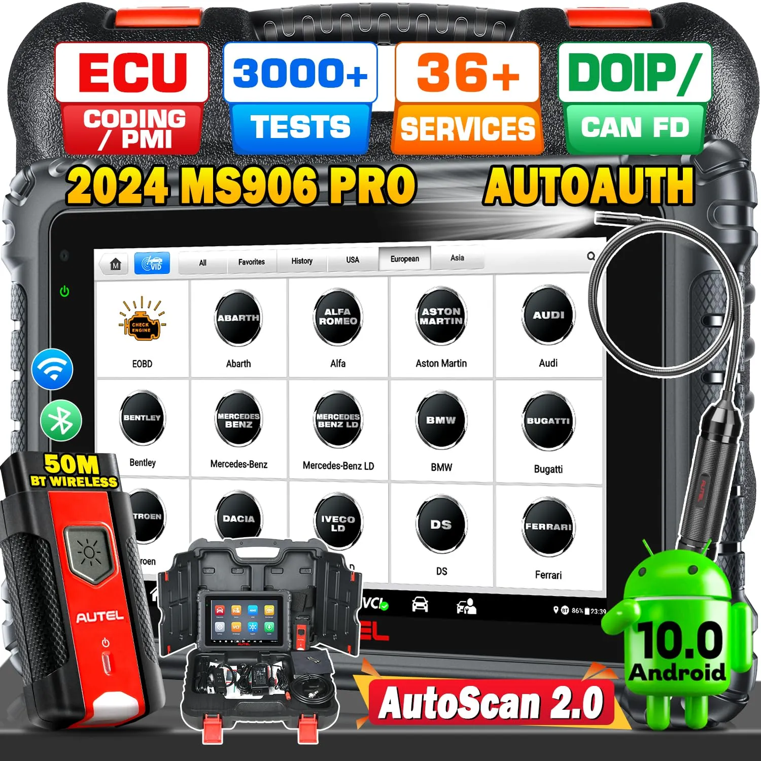 Autel MaxiSys MS906 PRO Scanner, 2024 5X Faster MS906Pro Advanced ECU Coding Upgrade of MS906BT MK908, DoIP & CAN FD, 36  Service, 3000  Active Tests, Auto Scan 2.0, 4G/128G, FCA Autoauth