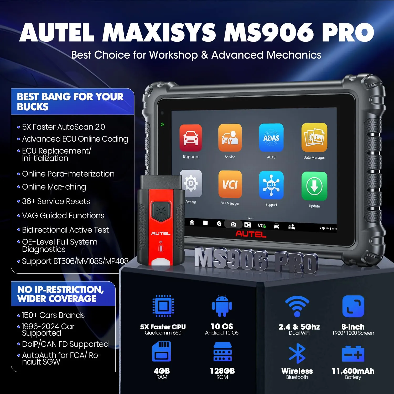 Autel MaxiSys MS906 PRO Scanner, 2024 5X Faster MS906Pro Advanced ECU Coding Upgrade of MS906BT MK908, DoIP & CAN FD, 36  Service, 3000  Active Tests, Auto Scan 2.0, 4G/128G, FCA Autoauth