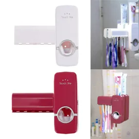 Automatic Toothpaste Dispenser and 5 Toothbrush Holder Set Wall Mount Stand Plastic