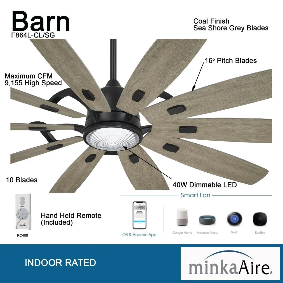 Barn LED 65" Smart Ceiling Fan with Remote, Coal