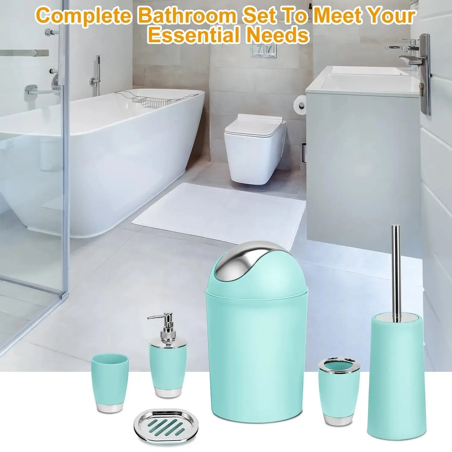 Bathroom Accessories Set 6 Pcs Bathroom Ensemble Complete with Soap Dispenser & Toothbrush Holder