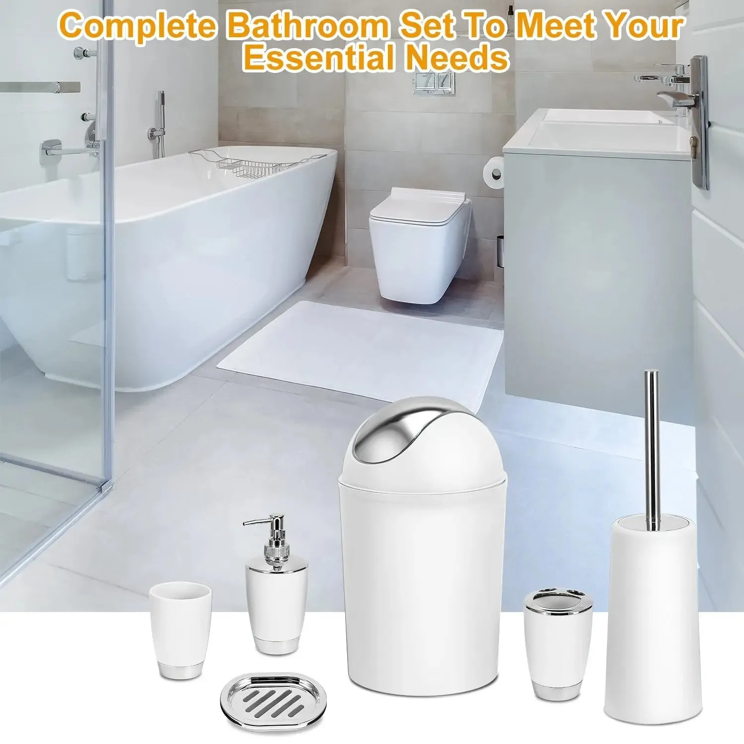 Bathroom Accessories Set 6 Pcs Bathroom Ensemble Complete with Soap Dispenser & Toothbrush Holder