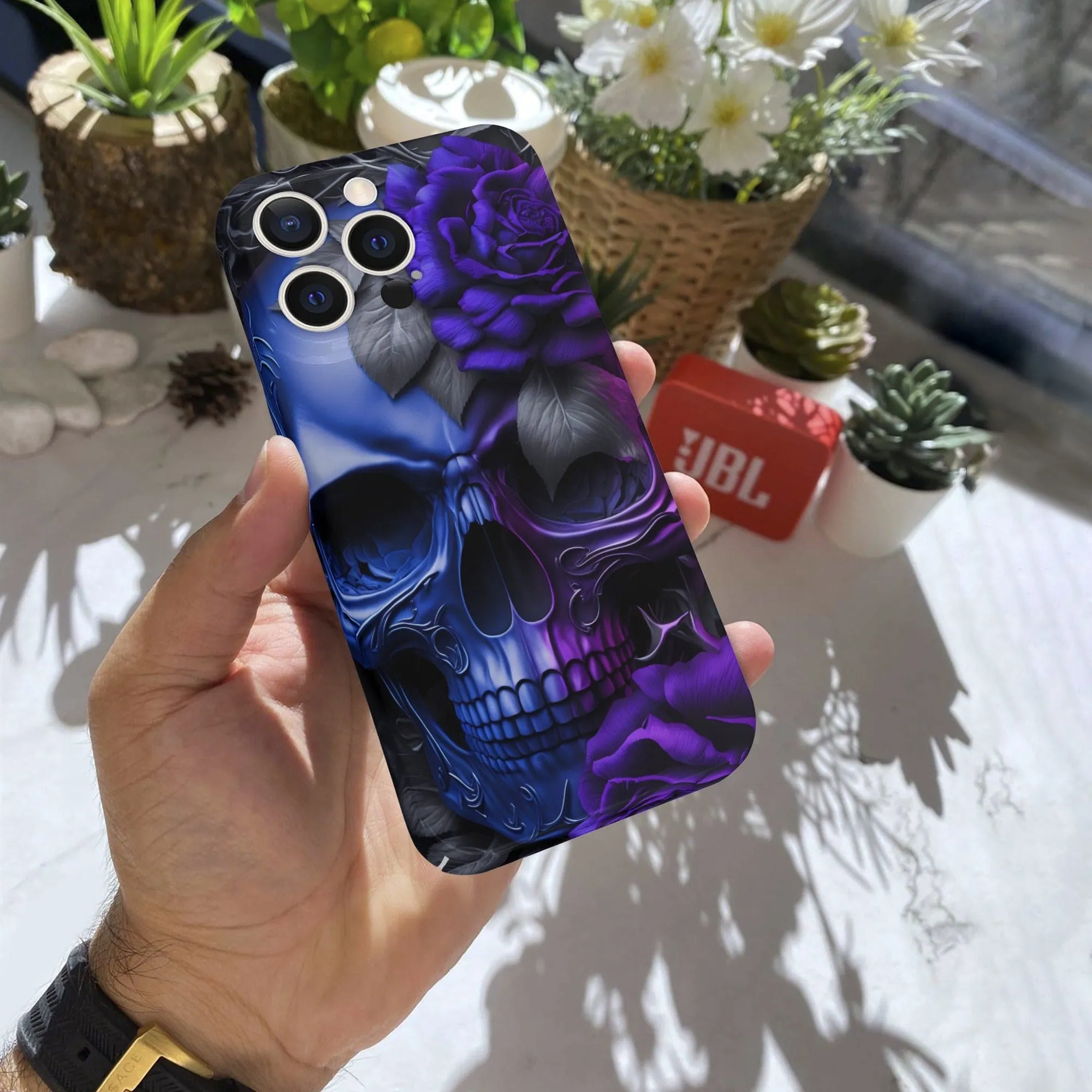 Blue Purple Skull Flower iPhone 15 Pro Phone Case