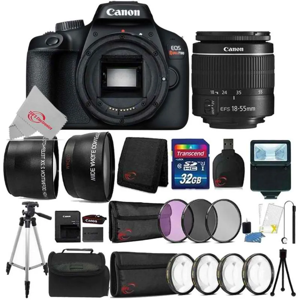 Canon EOS T100 18MP Digital SLR Camera   18-55mm Lens   32GB Memory Card   58mm Telephoto & Wide Angle Lens   58mm Filter   Macro Kit   Wallet   Reader   Tall Tripod   Slave Flash   Case   Cleaning Kit   Mini Tripod