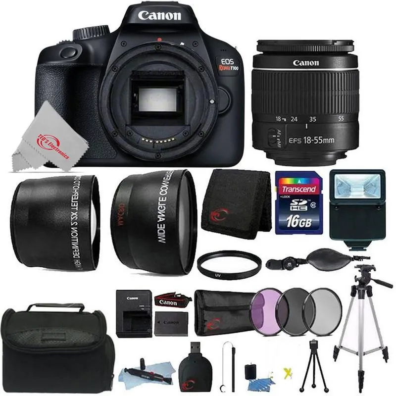 Canon EOS T100 18MP Digital SLR Camera   18-55mm Lens   58mm Telephoto & Wide Angle Lens   Filter Kit   UV Filter   16GB Memory Card   Wallet   Reader   Grip Strap   Lens Pen   Tall Tripod   Case   Lens Cap Holder   Cleaning Kit   Mini Tripod