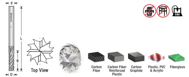 Carbon Graphite & Carbon Fiber Panel Cutting CNC Router Bit | 1⁄4 Dia x 1 1⁄2 x 1⁄4 Shank x 3" Long Down-Cut | 46265 | 738685462652