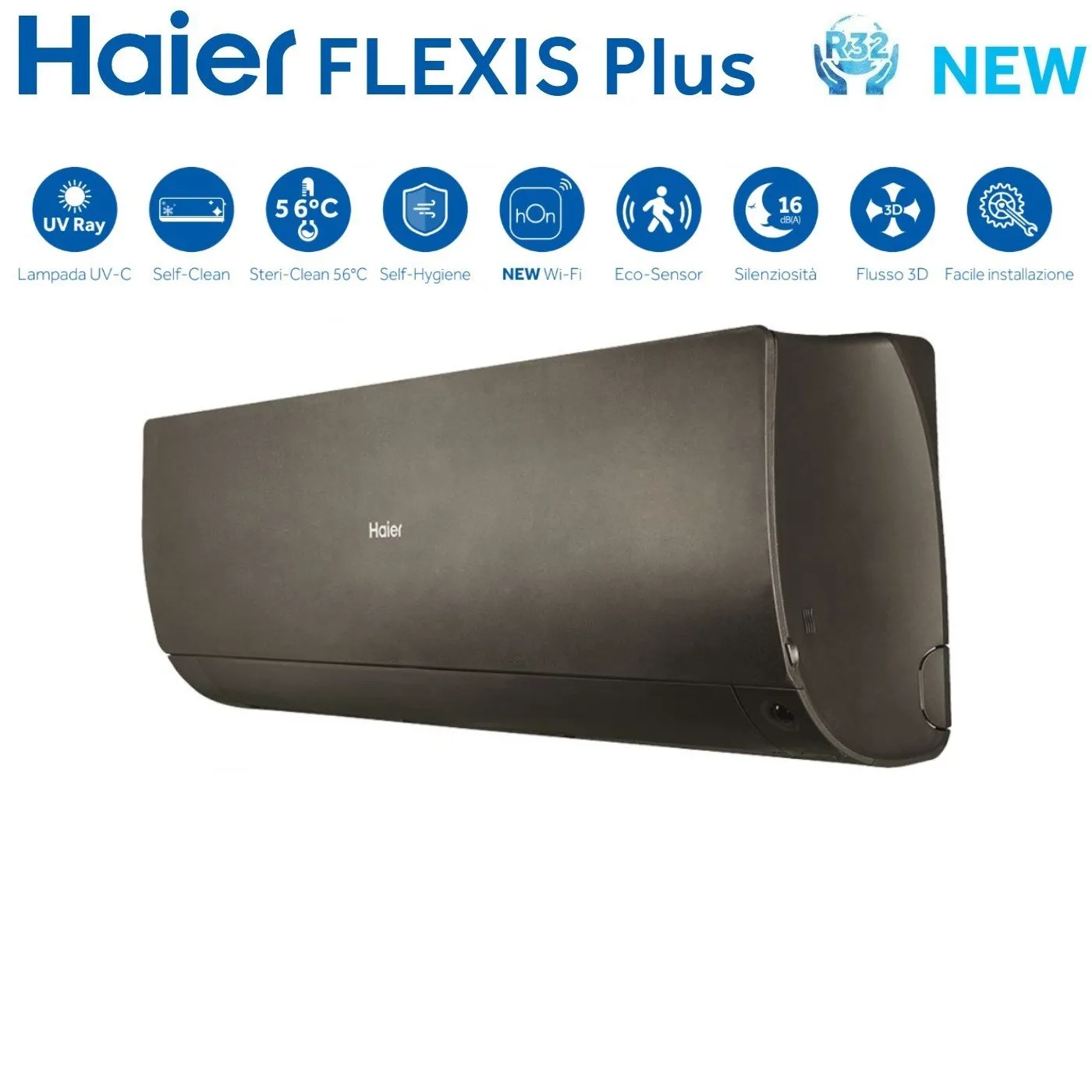 Climatizzatore Condizionatore Haier Quadri Split Inverter serie FLEXIS PLUS BLACK 7 7 9 18 con 4U75S2SR3FA R-32 Wi-Fi Integrato Colore Nero 7000 7000 9000 18000