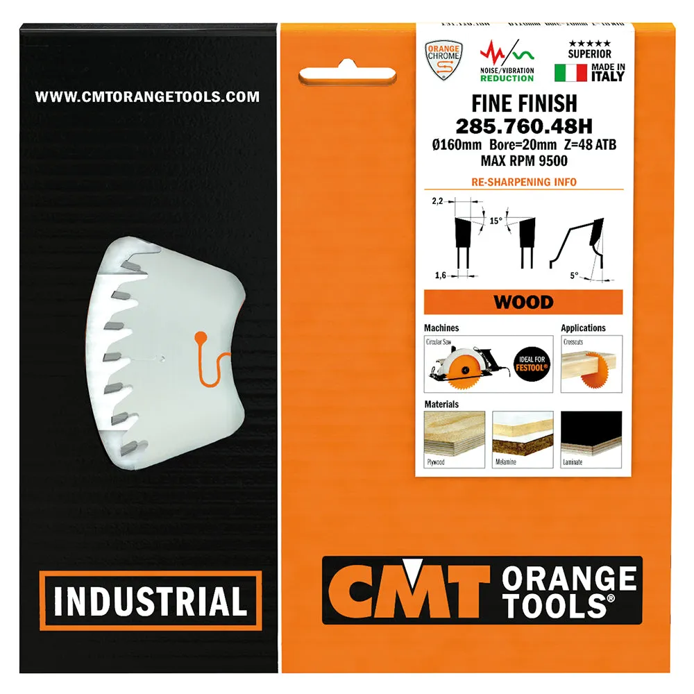 CMT Orange Tools 285.760.48H FINE FINISH 160x0.086”/0.063”x20mm  T=48 ATB