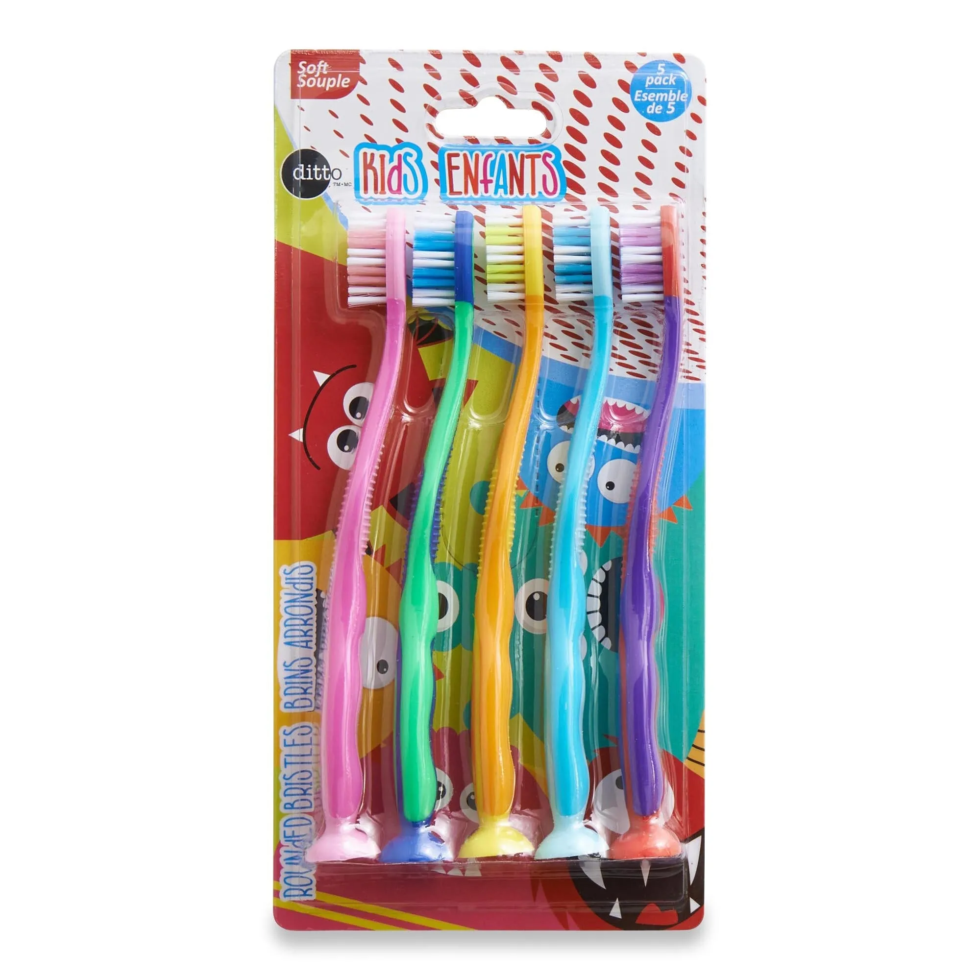 Ditto Suction Cup Soft Toothbrush for Kids, Assorted Colours, 5-Pack