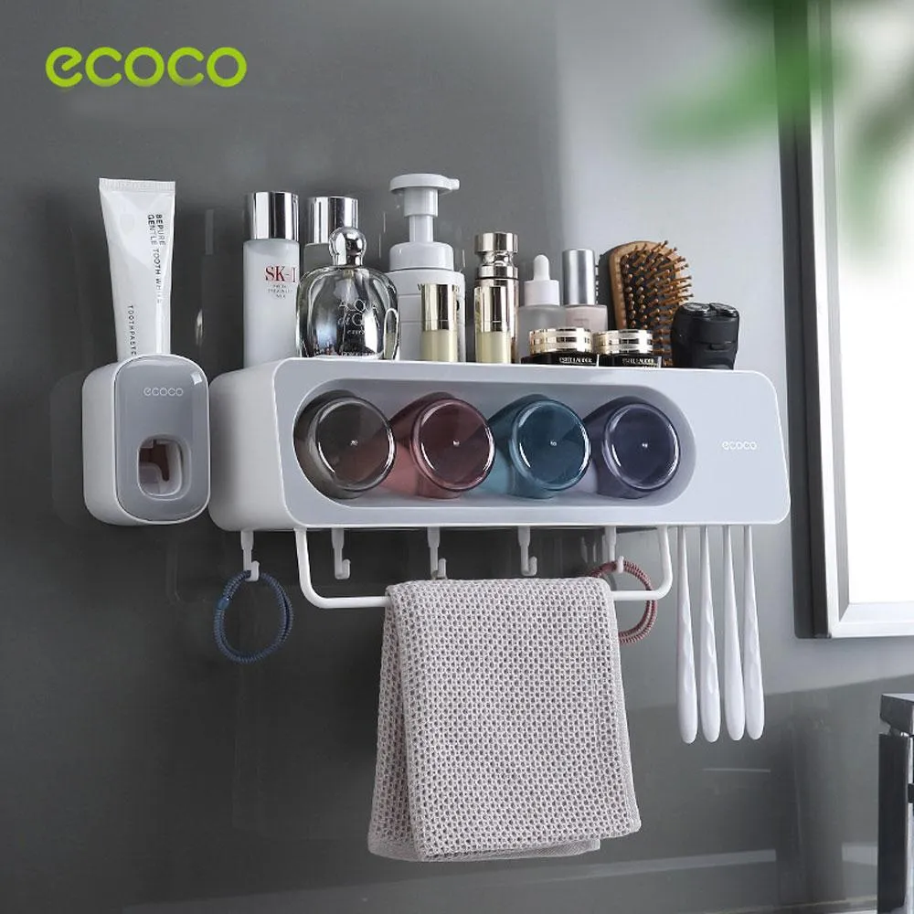 Ecoco Wall-Mounted Toothbrush Holder with 4 Cups and 4 Toothbrush Slots Toiletries Bathroom Storage Rack