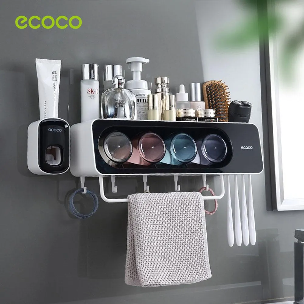 Ecoco Wall-Mounted Toothbrush Holder with 4 Cups and 4 Toothbrush Slots Toiletries Bathroom Storage Rack