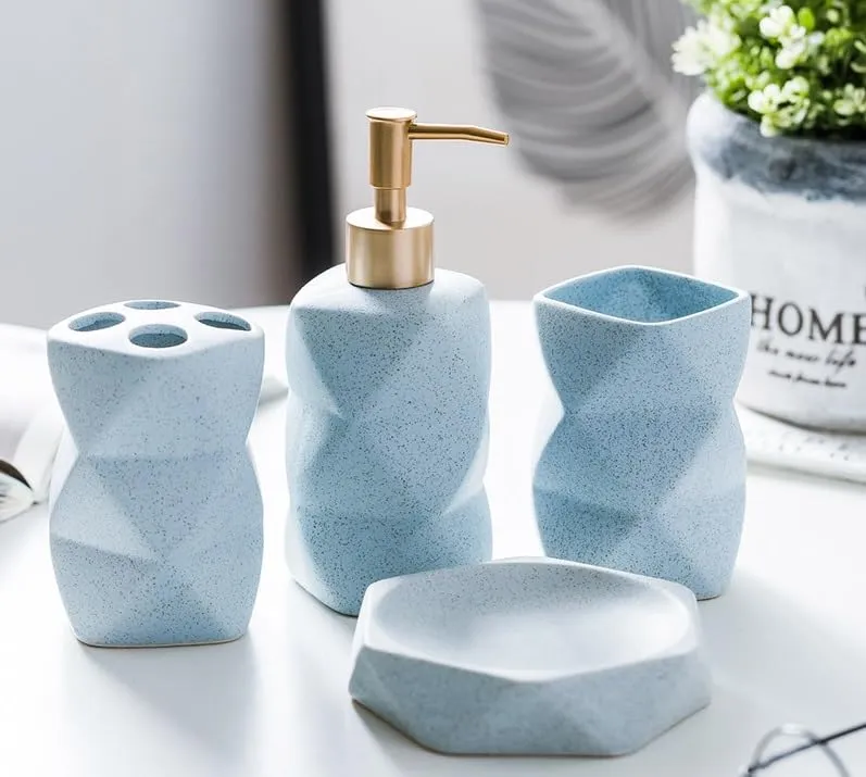 Ekhasa Ceramic Bathroom Accessories Set of 4 | includes Ceramic Liquid Handwash Soap Dispenser, Toothbrush Holder for Wash Basin, Soap Dish, Tumbler | Soap Dispenser Set for Bathroom | Gift for Home