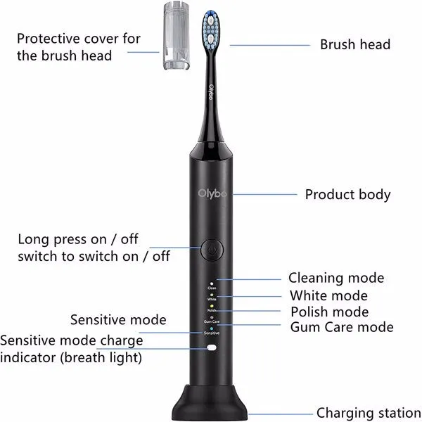 Electric Toothbrush Sonic Toothbrushes 5 Modes with 6 Brush Heads