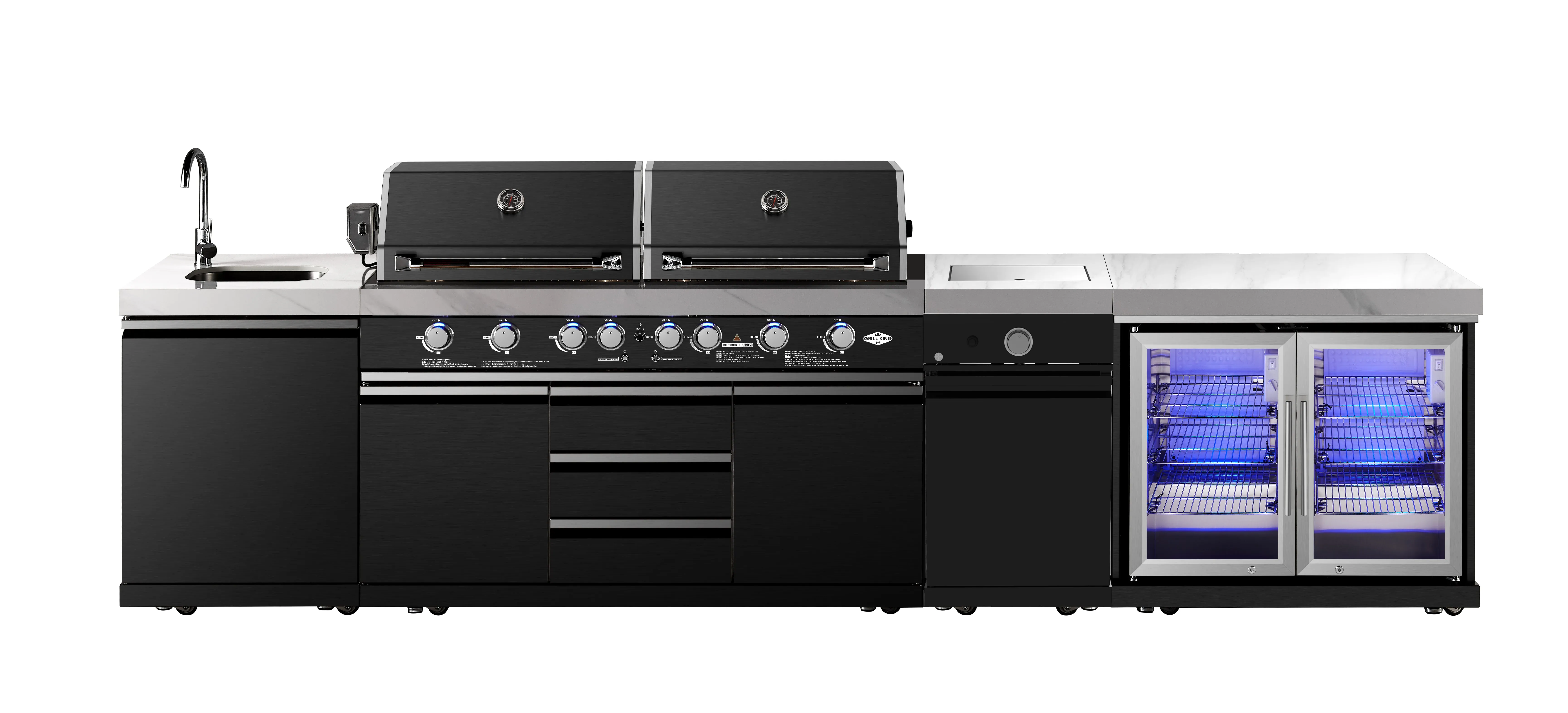 Element Twin Hood 8 Burner Outdoor BBQ Kitchen: High Grade 304 SS   White Stone