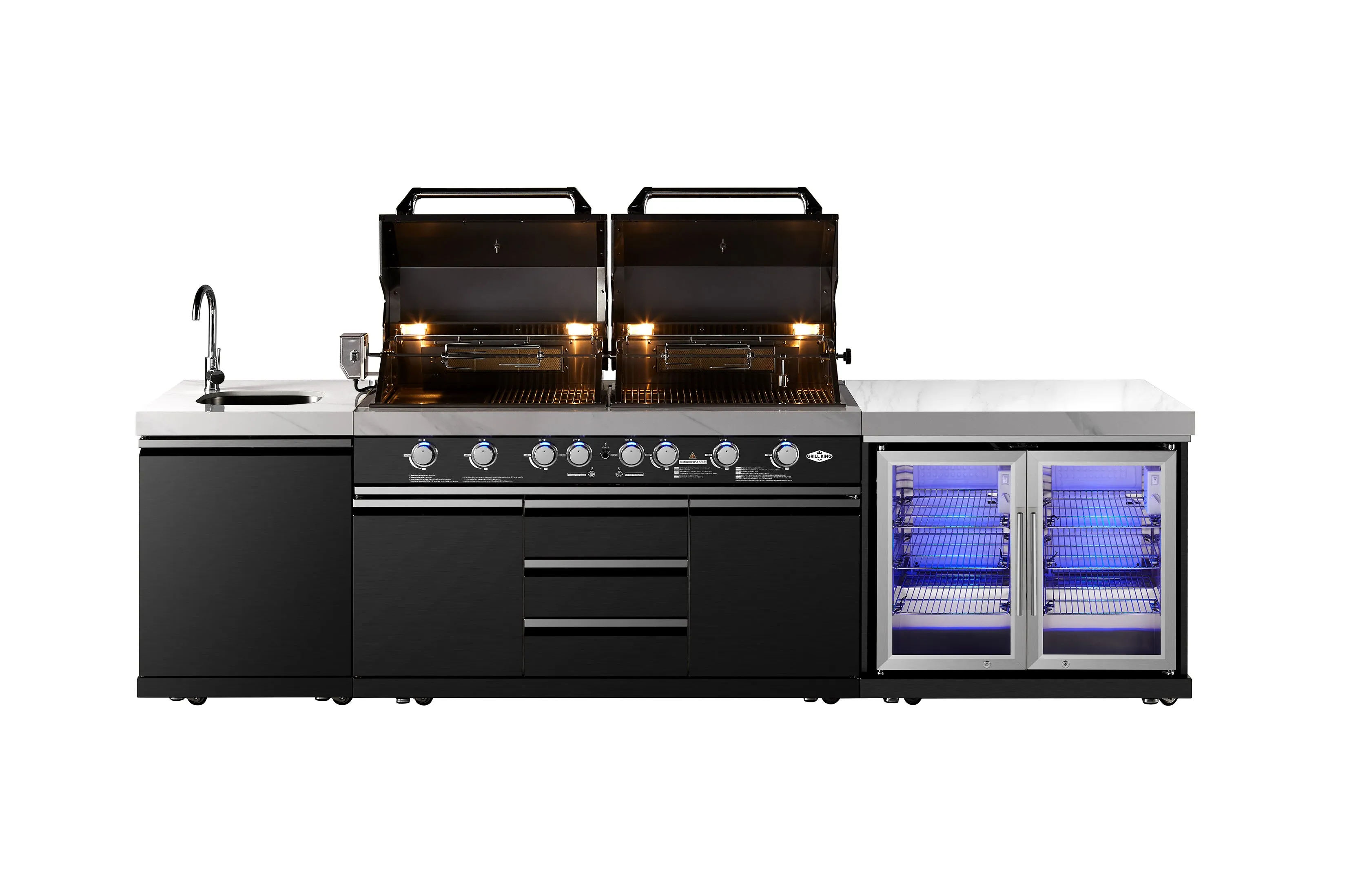 Element Twin Hood 8 Burner Outdoor BBQ Kitchen: High Grade 304 SS   White Stone