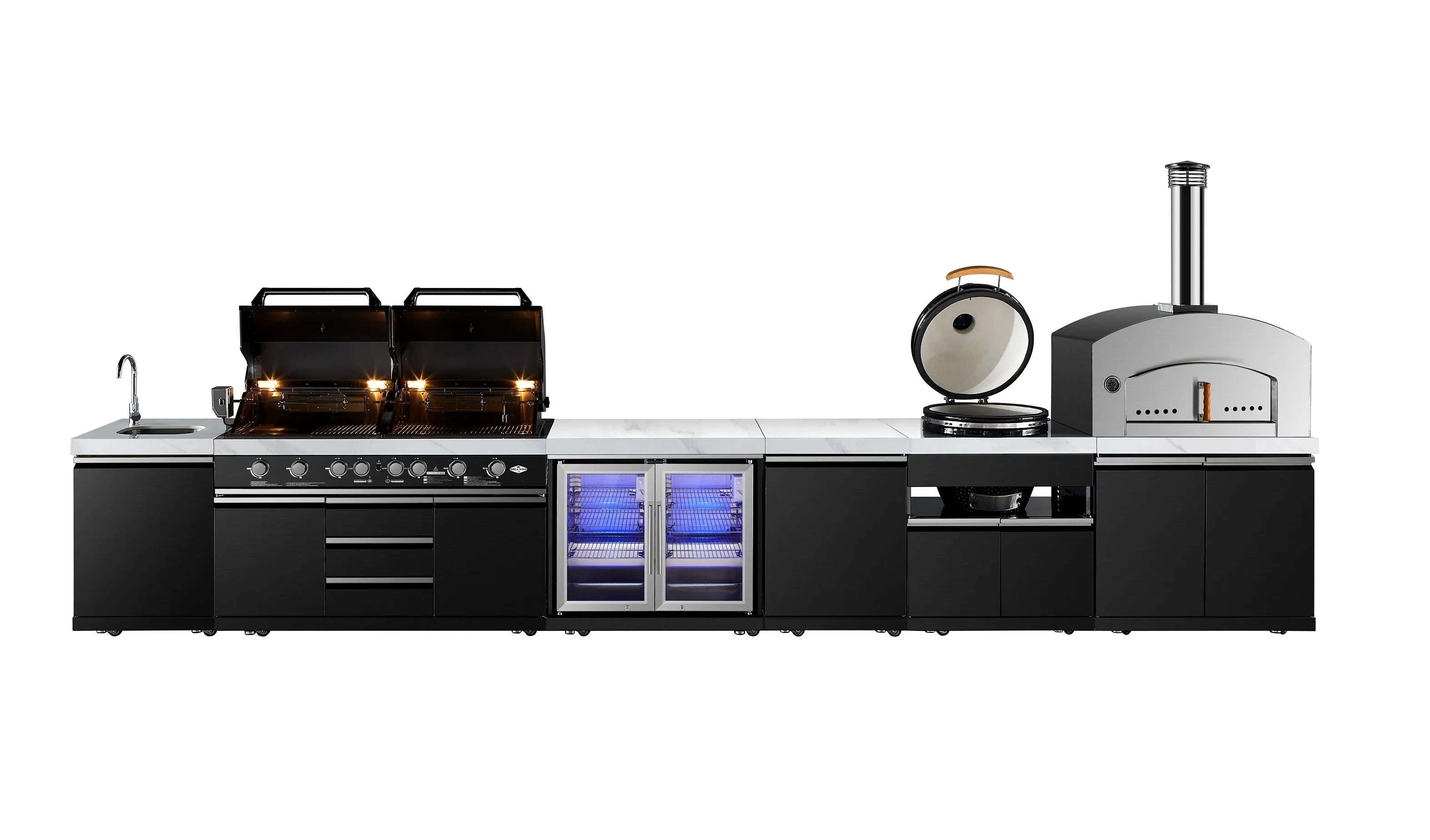 Element Twin Hood 8 Burner Outdoor BBQ Kitchen: High Grade 304 SS   White Stone