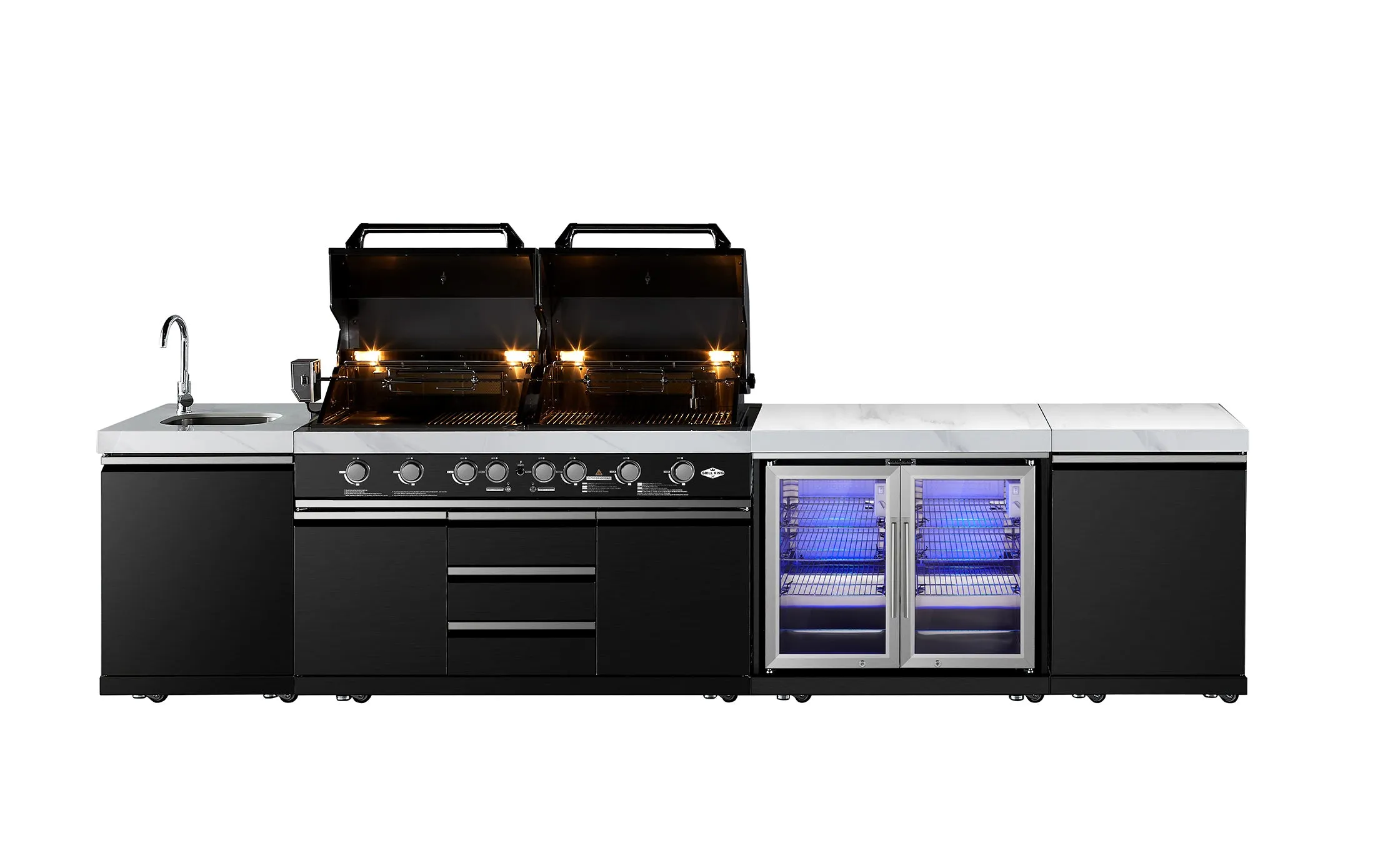 Element Twin Hood 8 Burner Outdoor BBQ Kitchen: High Grade 304 SS   White Stone