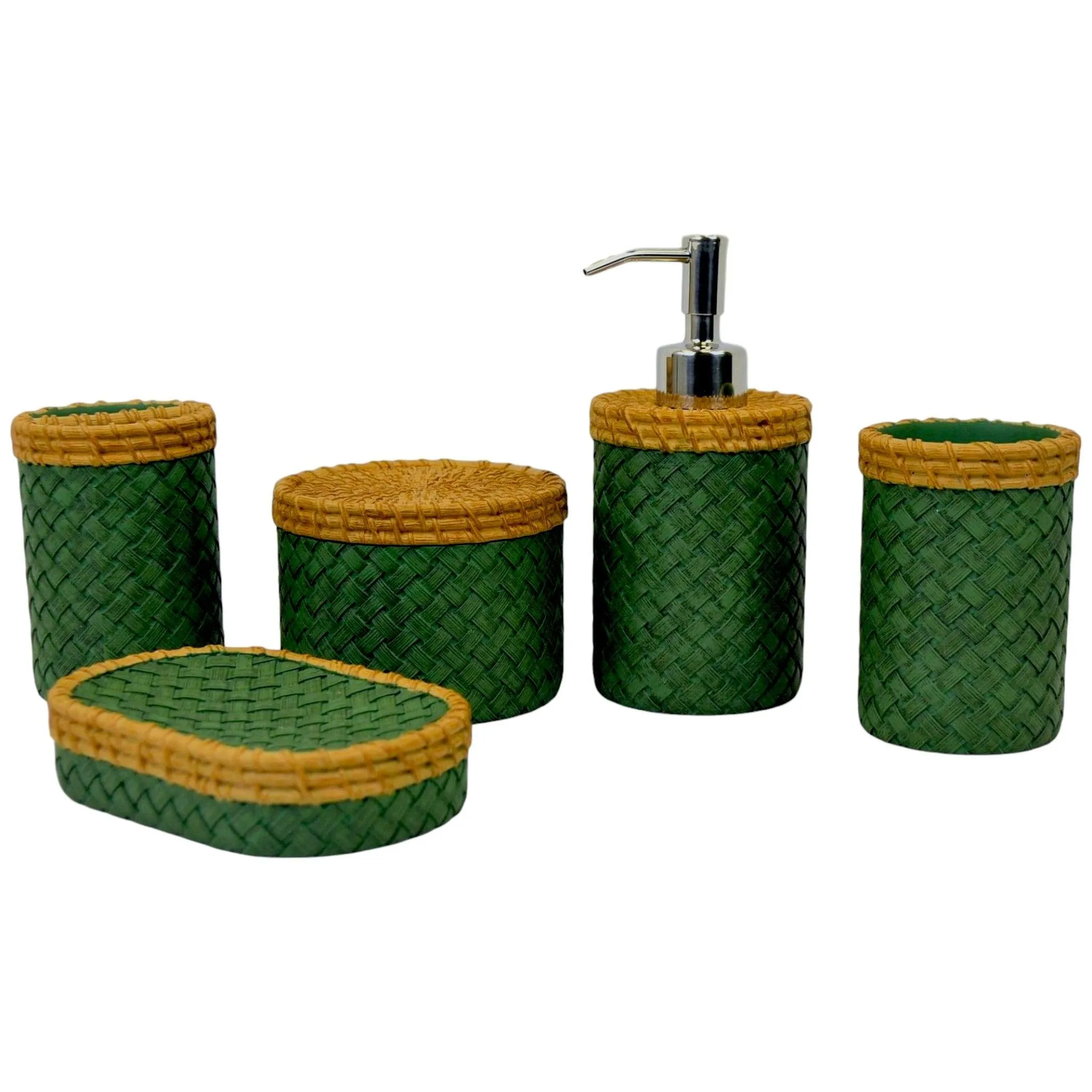 Five Piece Bathroom Set in Green and Beige Colors