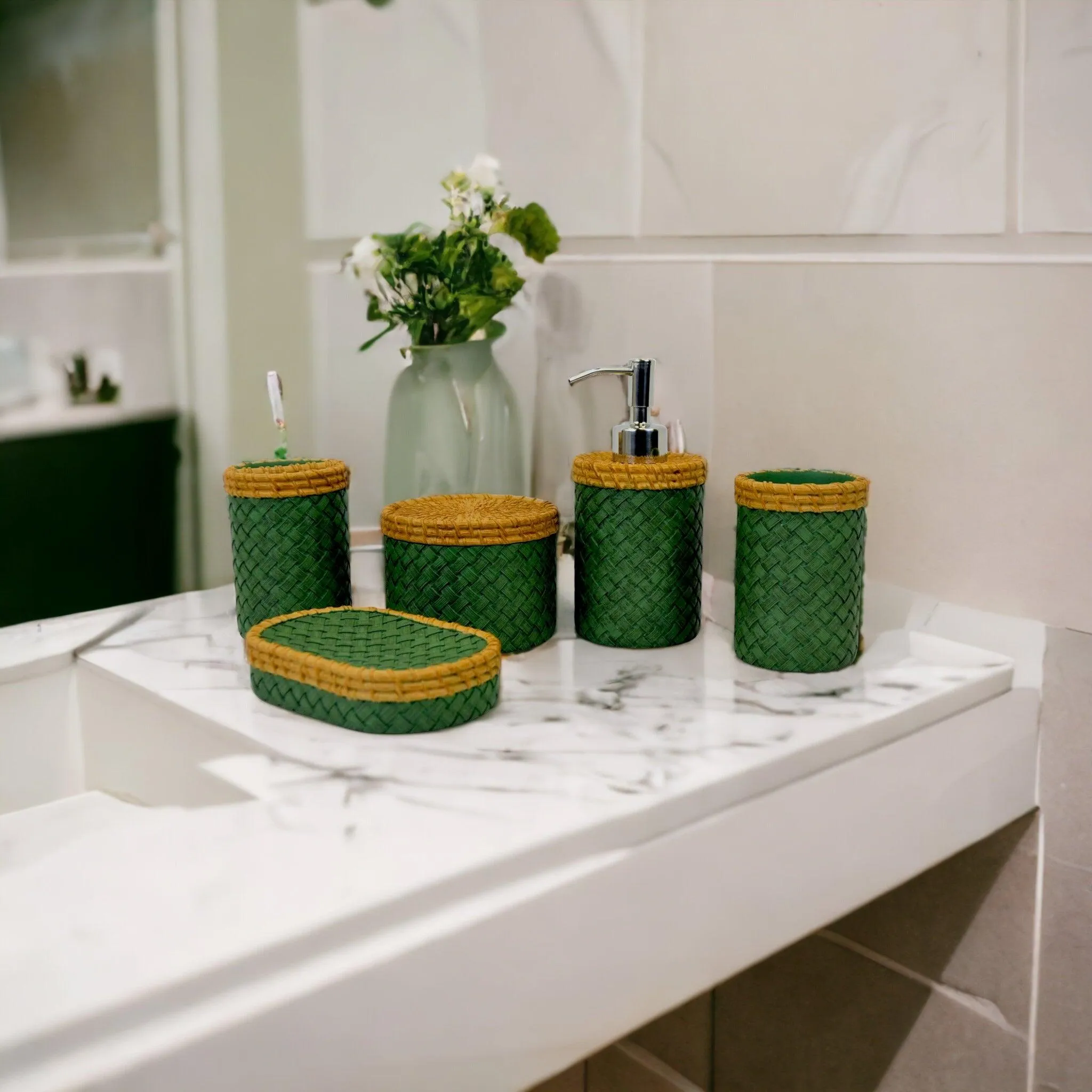 Five Piece Bathroom Set in Green and Beige Colors