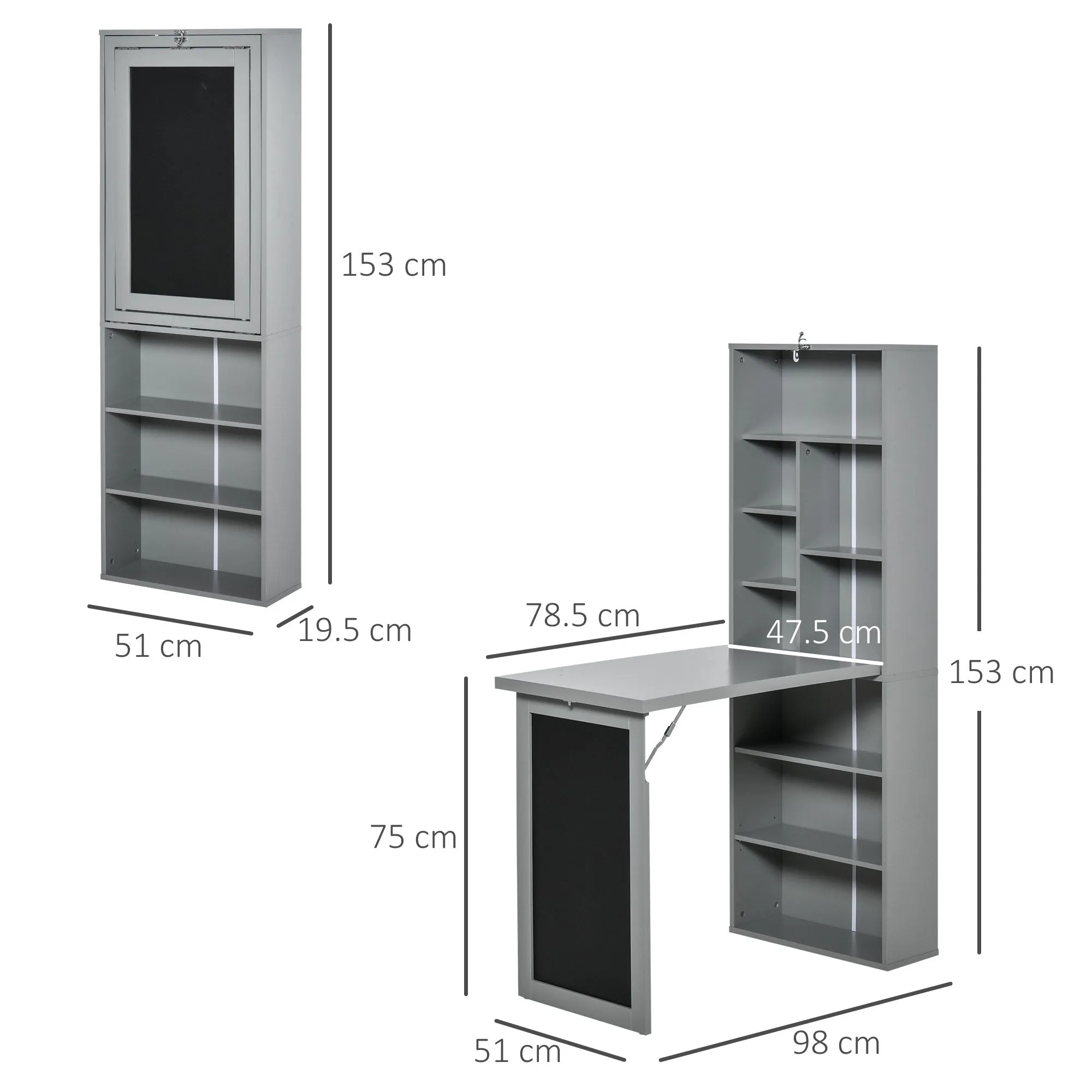 Fold-out Convertible Writing Desk Wall Mount Cabinet with Blackboard and Side Shelf Multi-Function Home Office Workstation, Grey