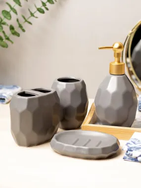 Grey Ceramic Bathroom Set Of 4 - Hexagonal Pattern, Bath Accessories